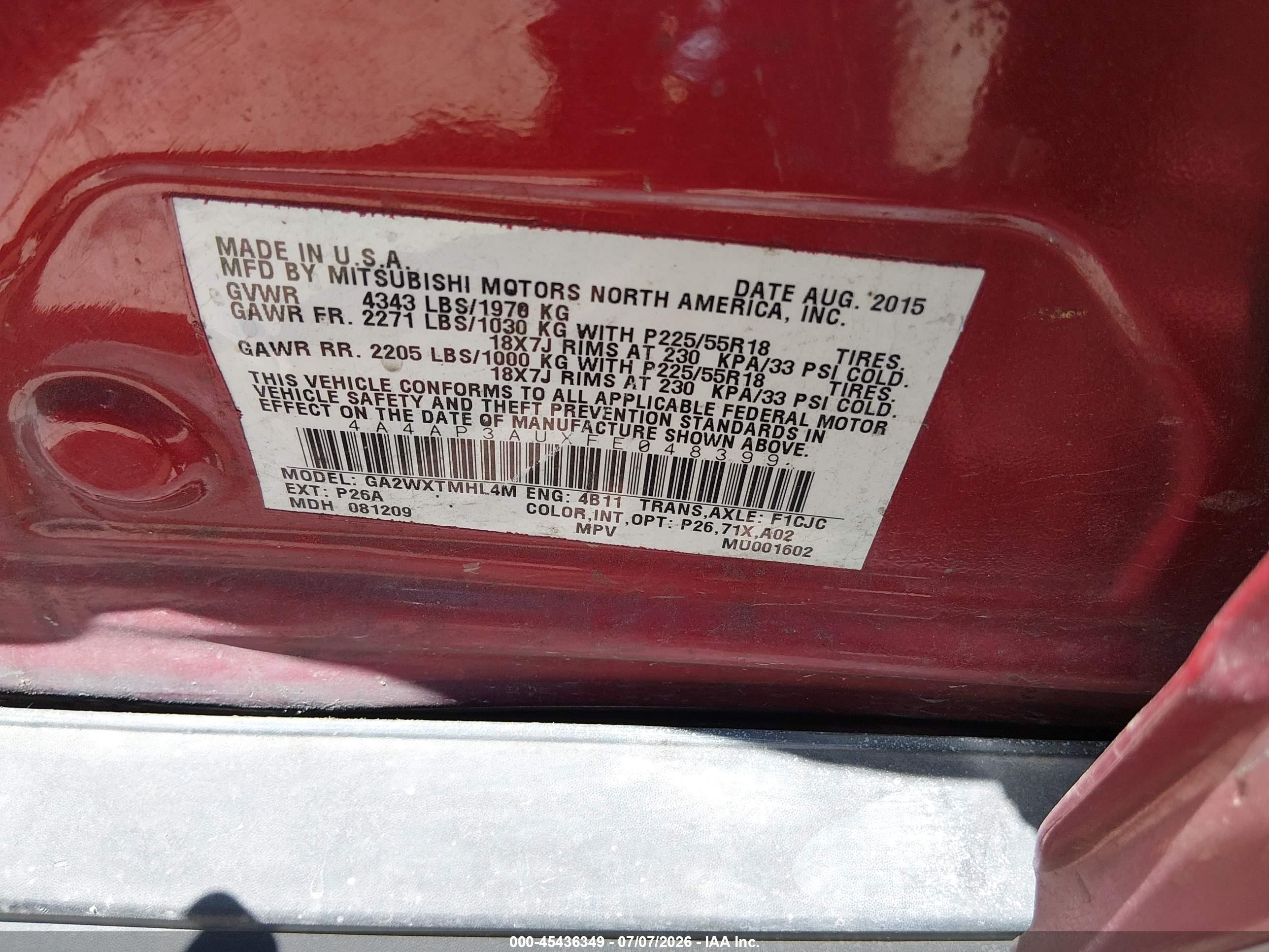 2015 Mitsubishi Outlander Sport Es Red vin: 4A4AP3AUXFE048399