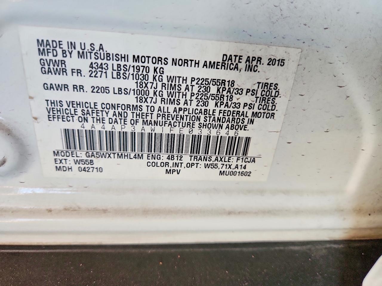 2015 Mitsubishi Outlander Sport Es White vin: 4A4AP3AW1FE033646