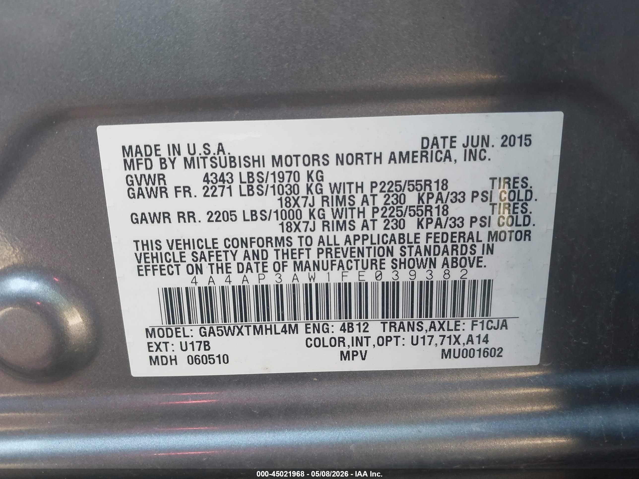 2015 Mitsubishi Outlander Sport Es Серый vin: 4A4AP3AW1FE039382