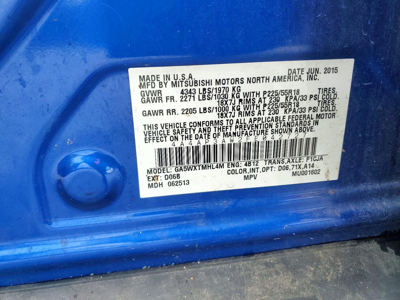 2015 Mitsubishi Outlander Sport Es Blue vin: 4A4AP3AW2FE042727