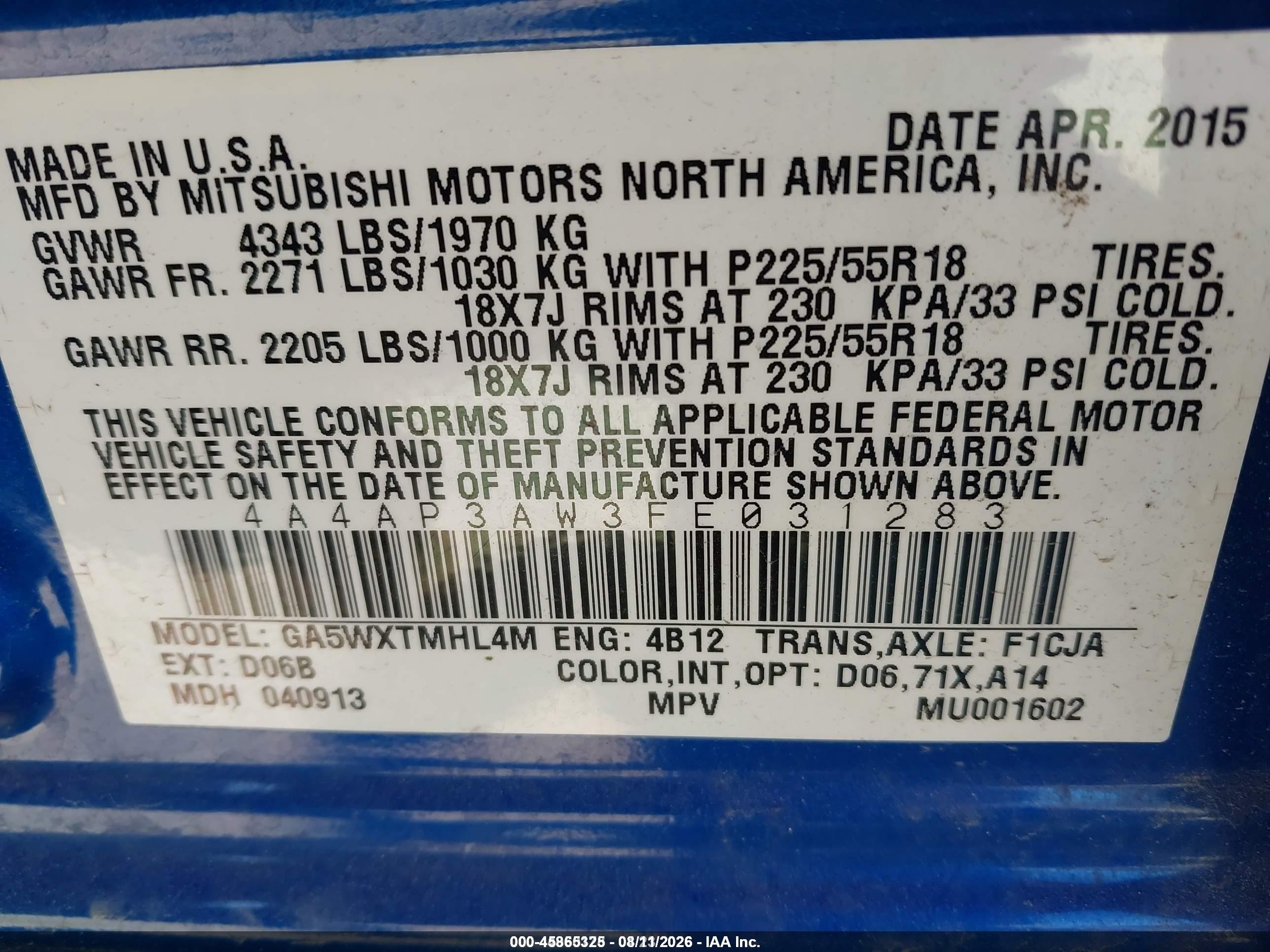 2015 Mitsubishi Outlander Sport Es Blue vin: 4A4AP3AW3FE031283