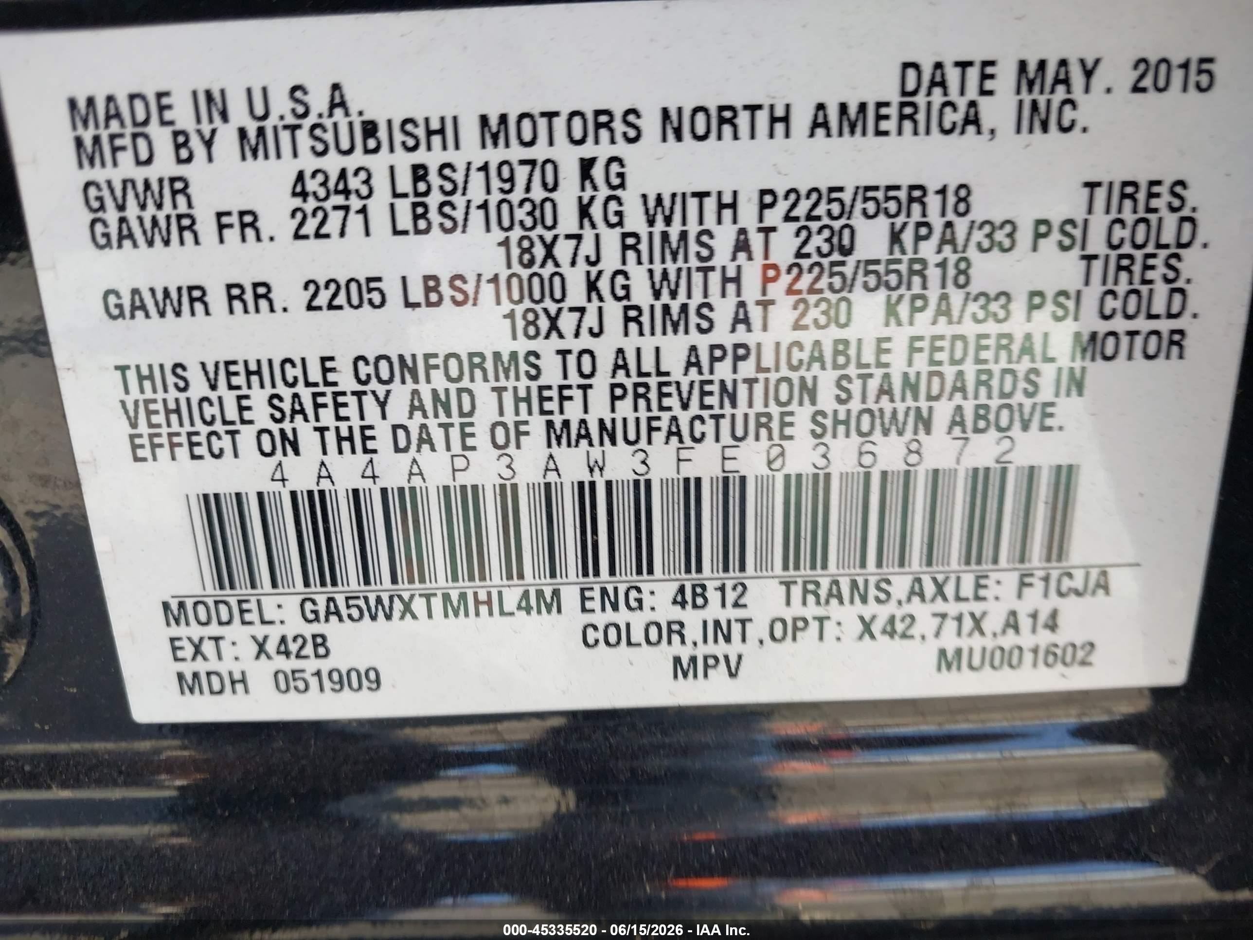 2015 Mitsubishi Outlander Sport Es Black vin: 4A4AP3AW3FE036872