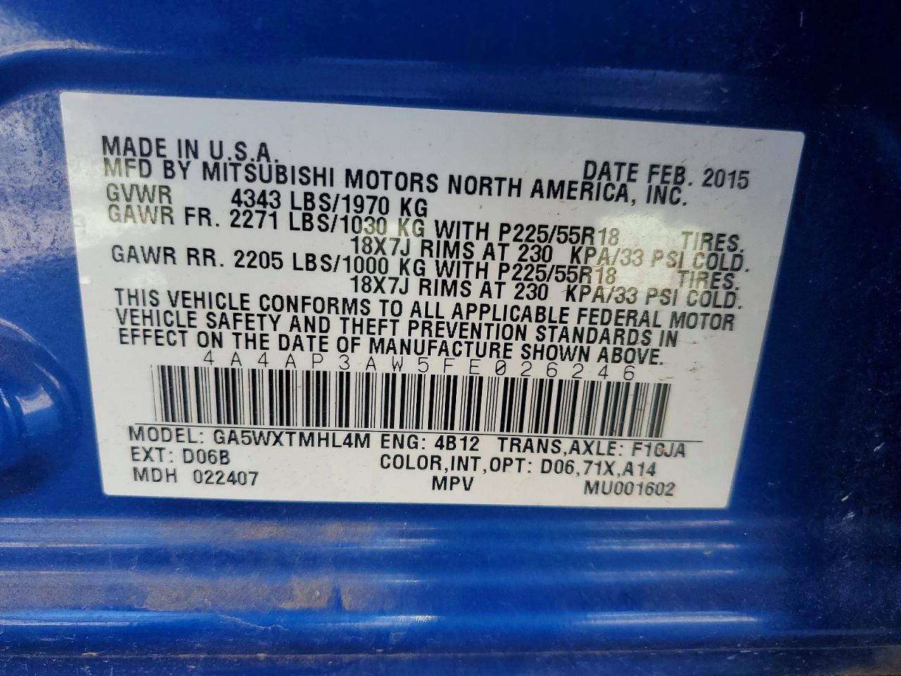 2015 Mitsubishi Outlander Sport Es Blue vin: 4A4AP3AW5FE026246