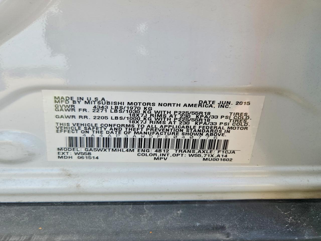 2015 Mitsubishi Outlander Sport Es White vin: 4A4AP3AW5FE040776