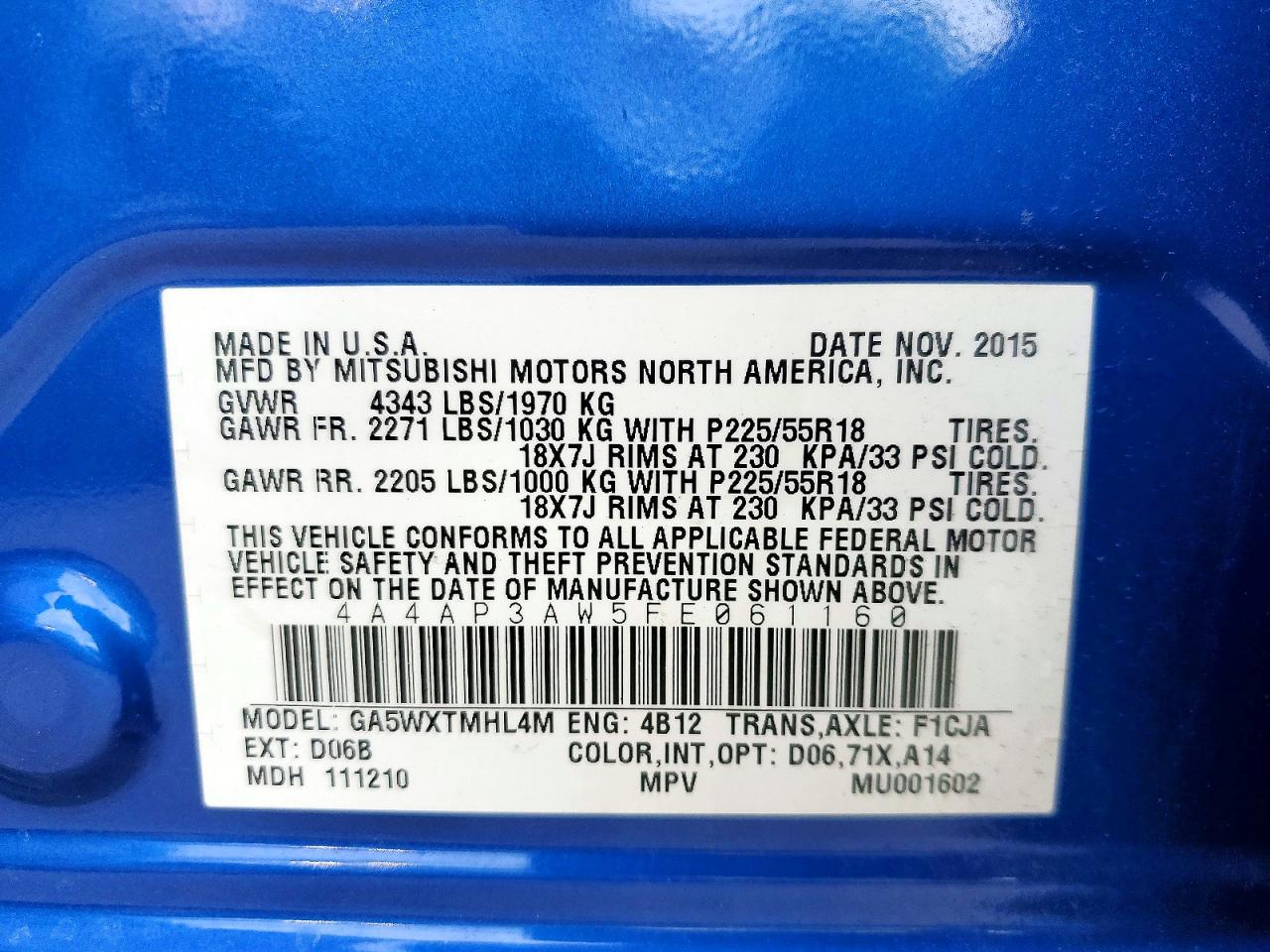 2015 Mitsubishi Outlander Sport Es Blue vin: 4A4AP3AW5FE061160
