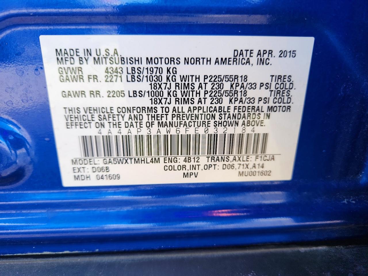2015 Mitsubishi Outlander Sport Es Blue vin: 4A4AP3AW6FE032184