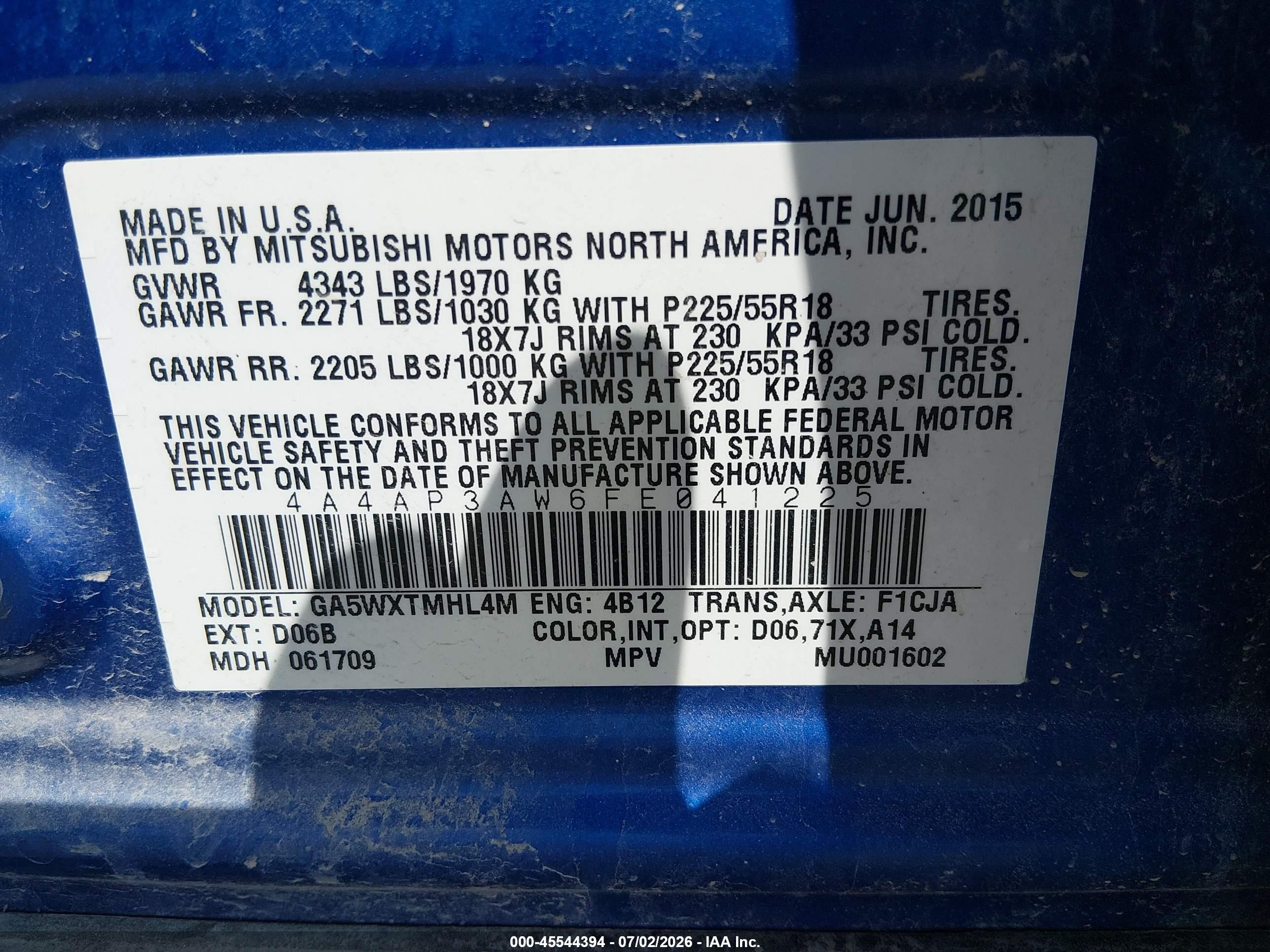 2015 Mitsubishi Outlander Sport Es Blue vin: 4A4AP3AW6FE041225