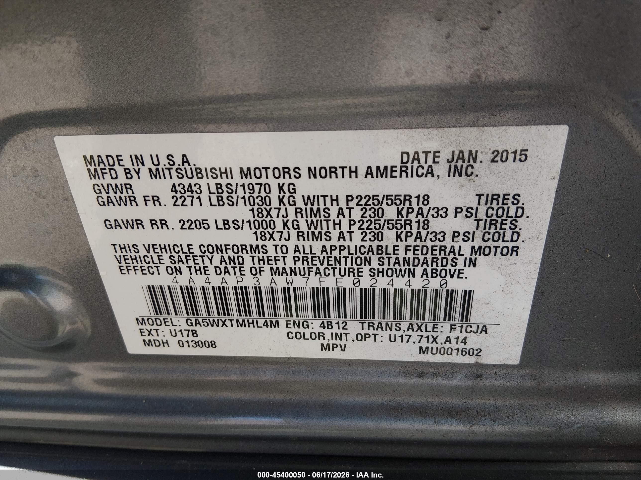 2015 Mitsubishi Outlander Sport Es Gray vin: 4A4AP3AW7FE024420