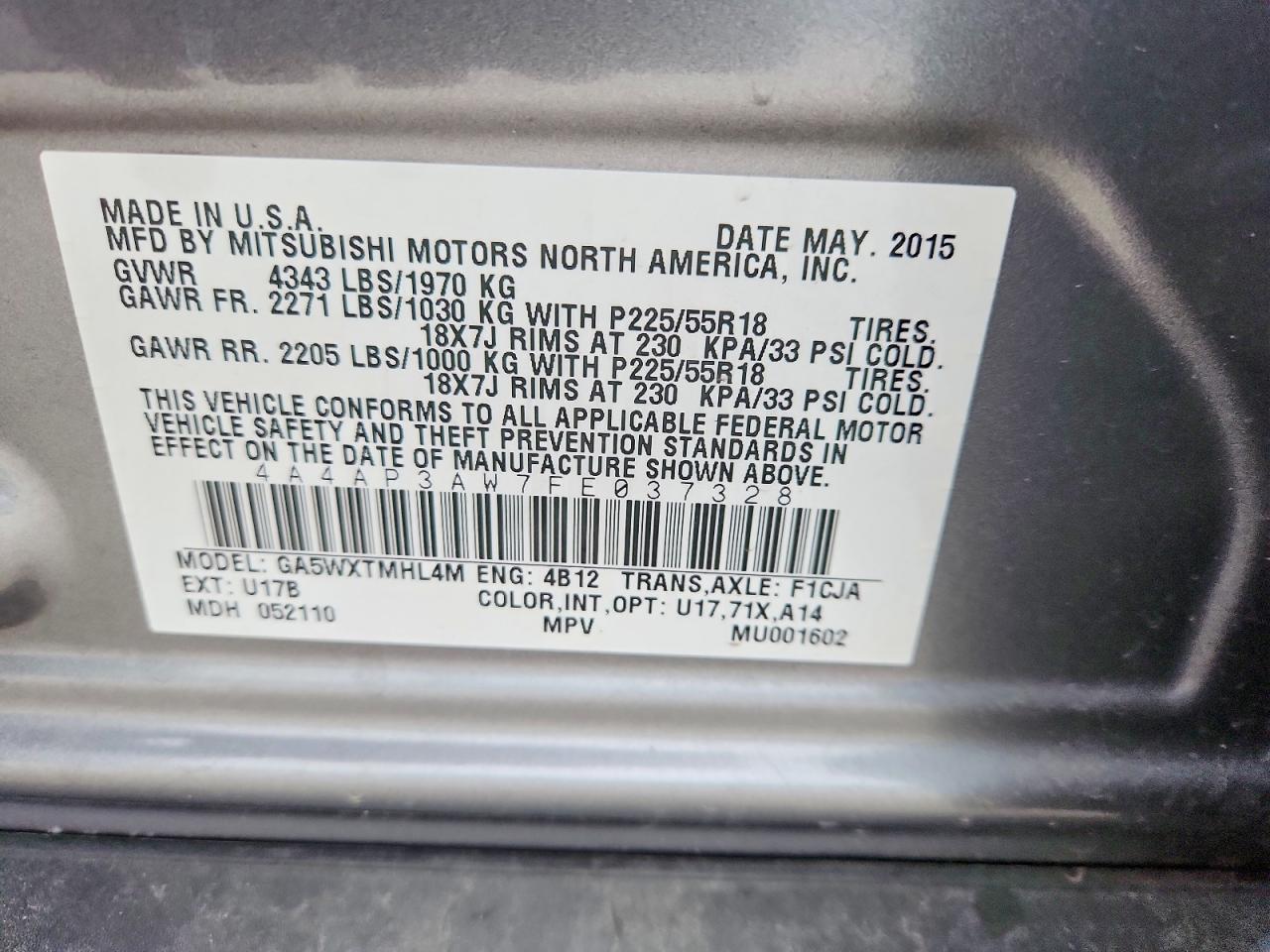 2015 Mitsubishi Outlander Sport Es Silver vin: 4A4AP3AW7FE037328