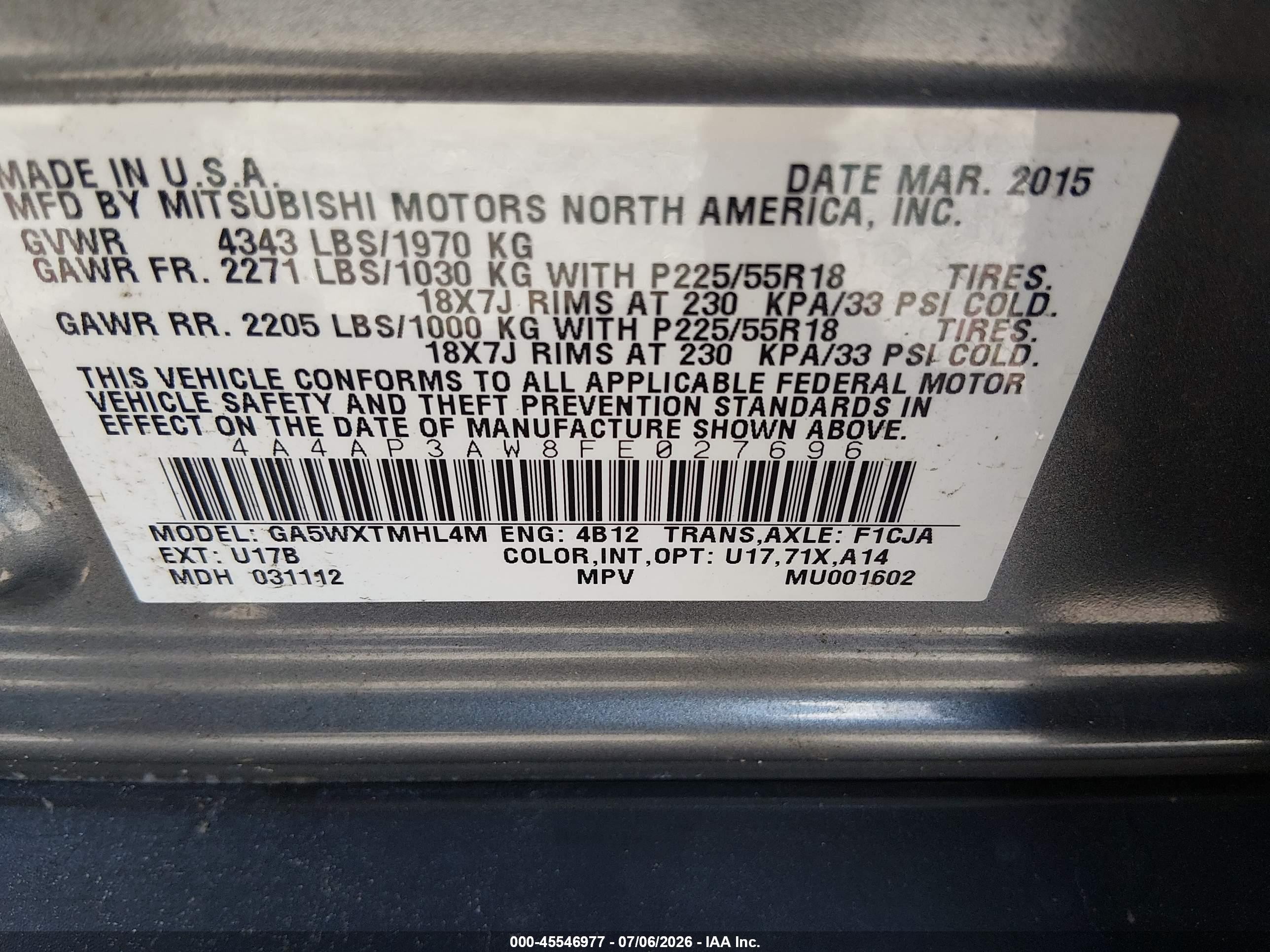2015 Mitsubishi Outlander Sport Es Gray vin: 4A4AP3AW8FE027696