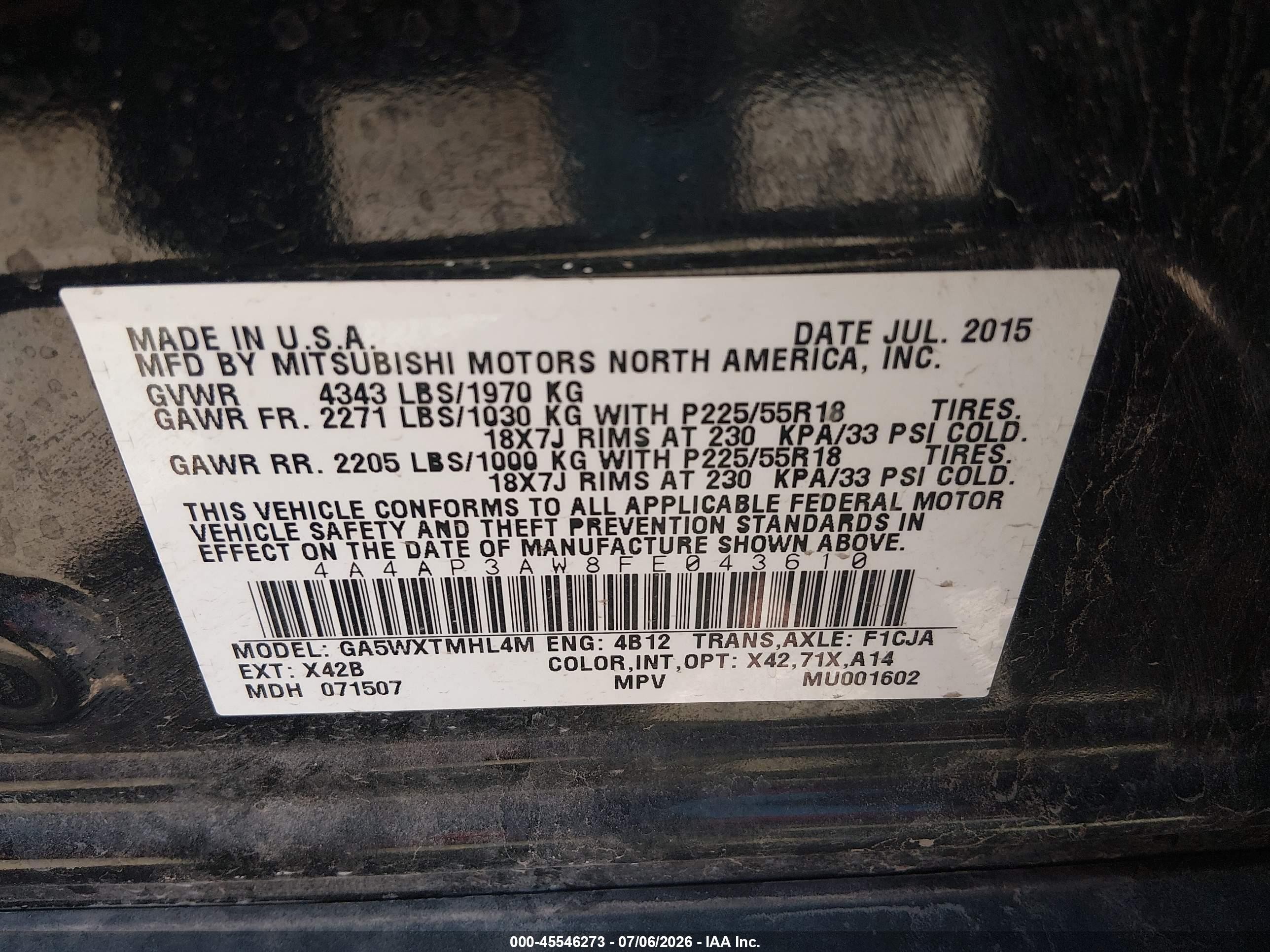 2015 Mitsubishi Outlander Sport Es Черный vin: 4A4AP3AW8FE043610