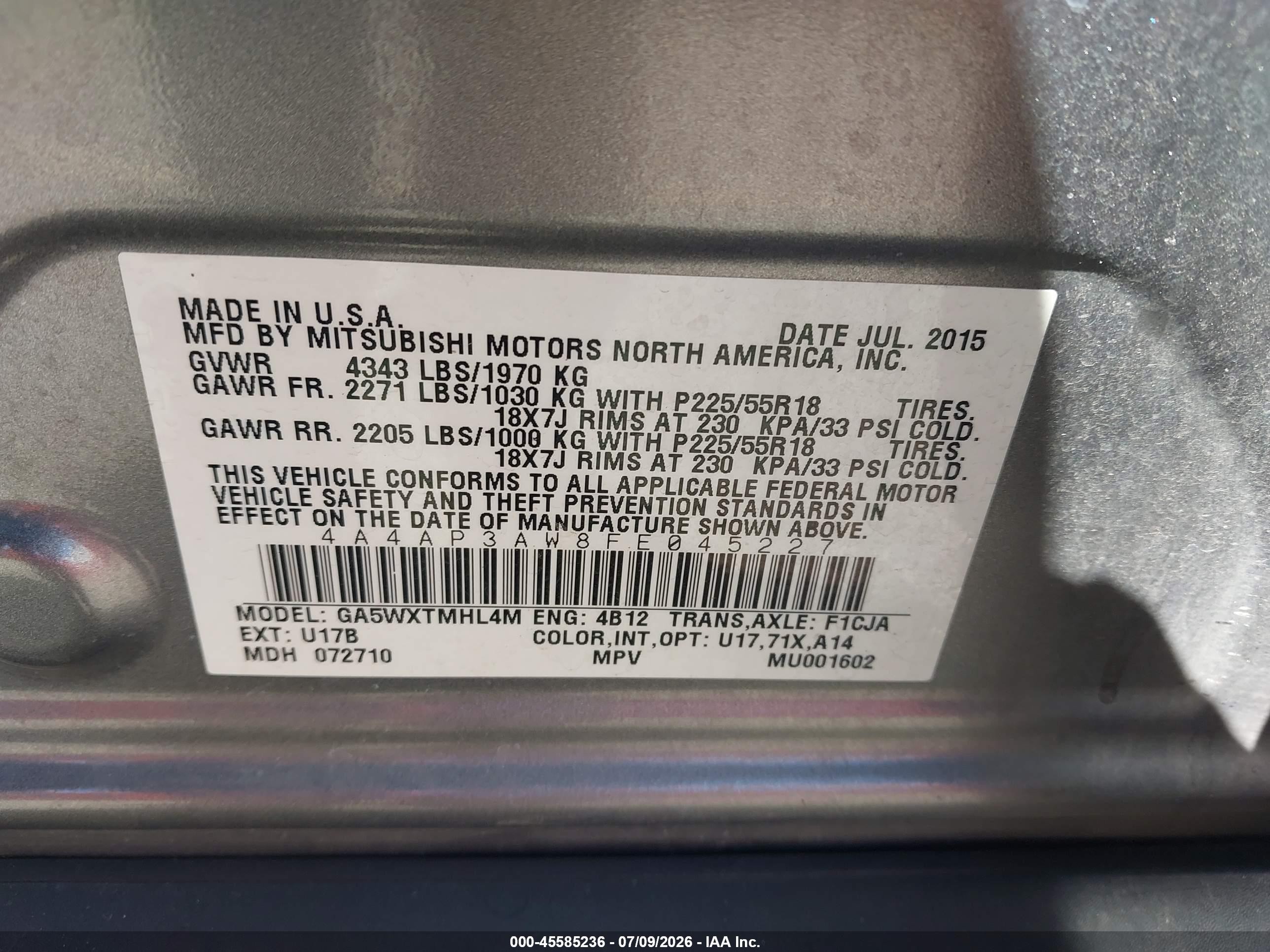 2015 Mitsubishi Outlander Sport Es Silver vin: 4A4AP3AW8FE045227