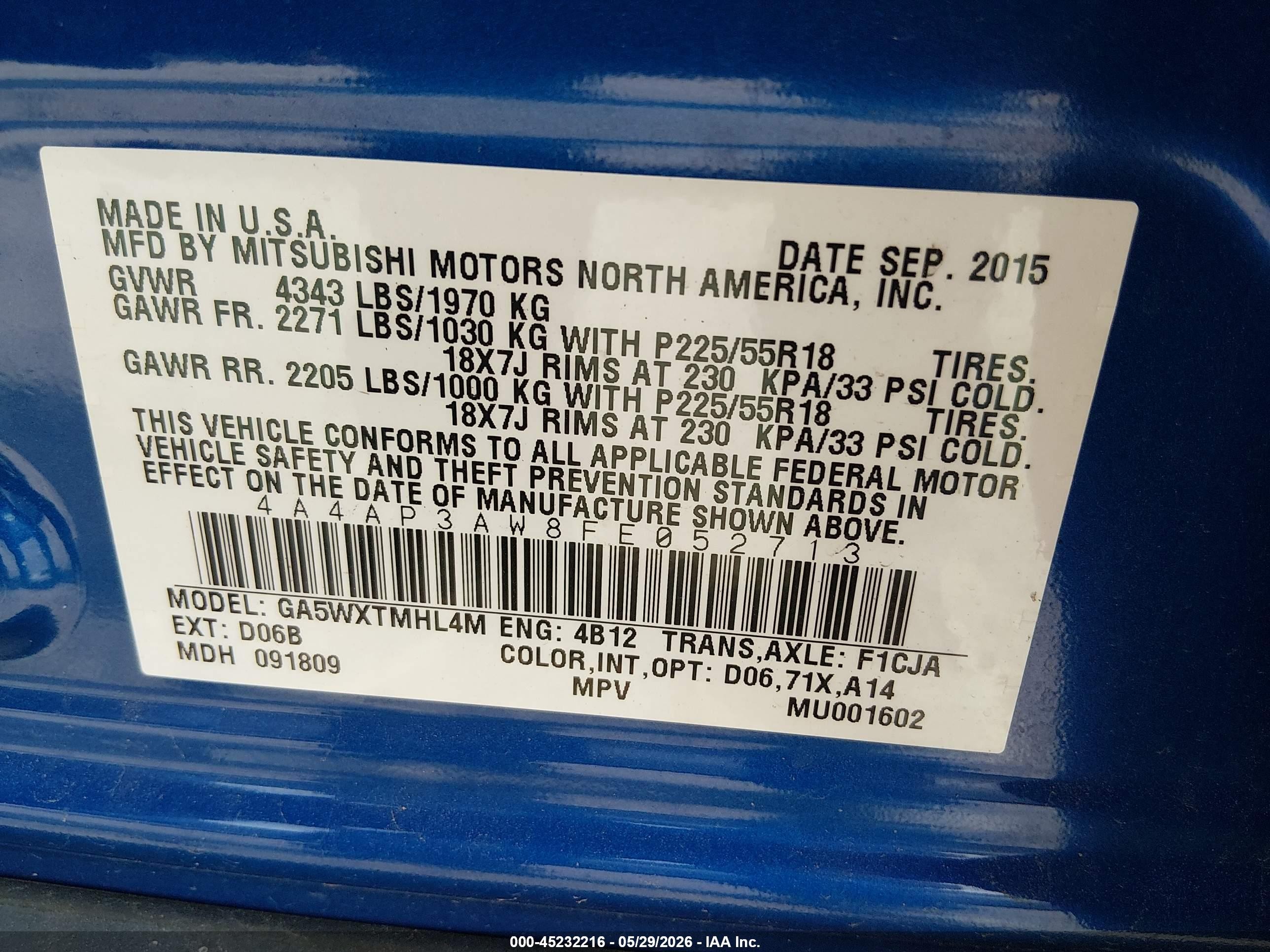 2015 Mitsubishi Outlander Sport Es Blue vin: 4A4AP3AW8FE052713