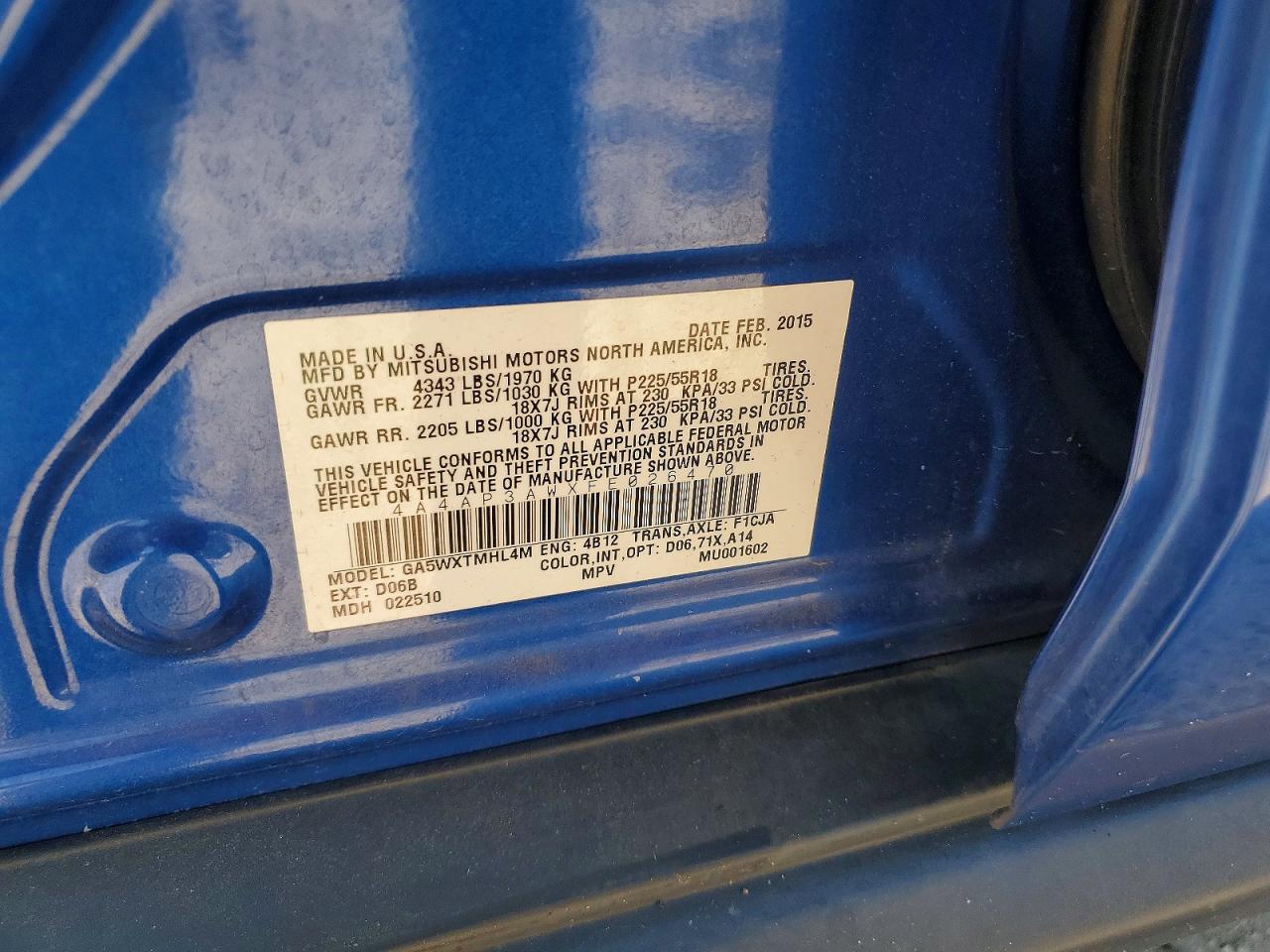 2015 Mitsubishi Outlander Sport Es Blue vin: 4A4AP3AWXFE026470