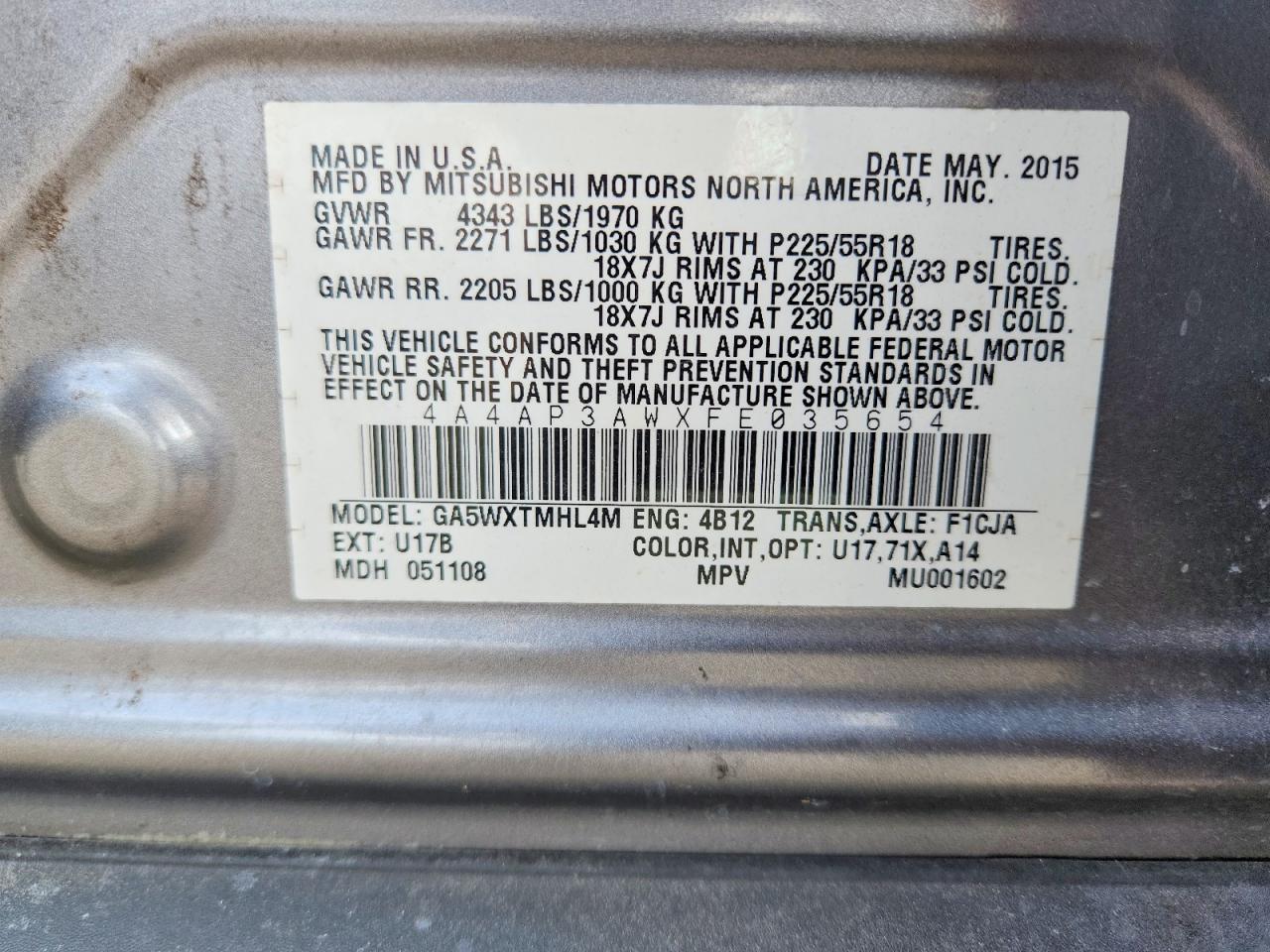 2015 Mitsubishi Outlander Sport Серый vin: 4A4AP3AWXFE035654
