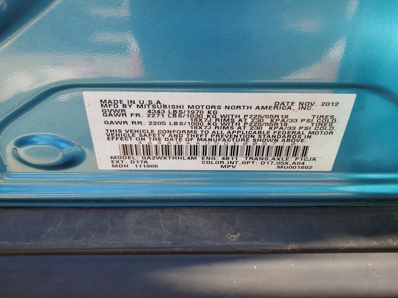 2013 Mitsubishi Outlander Sport Se Turquoise vin: 4A4AP4AU5DE009710