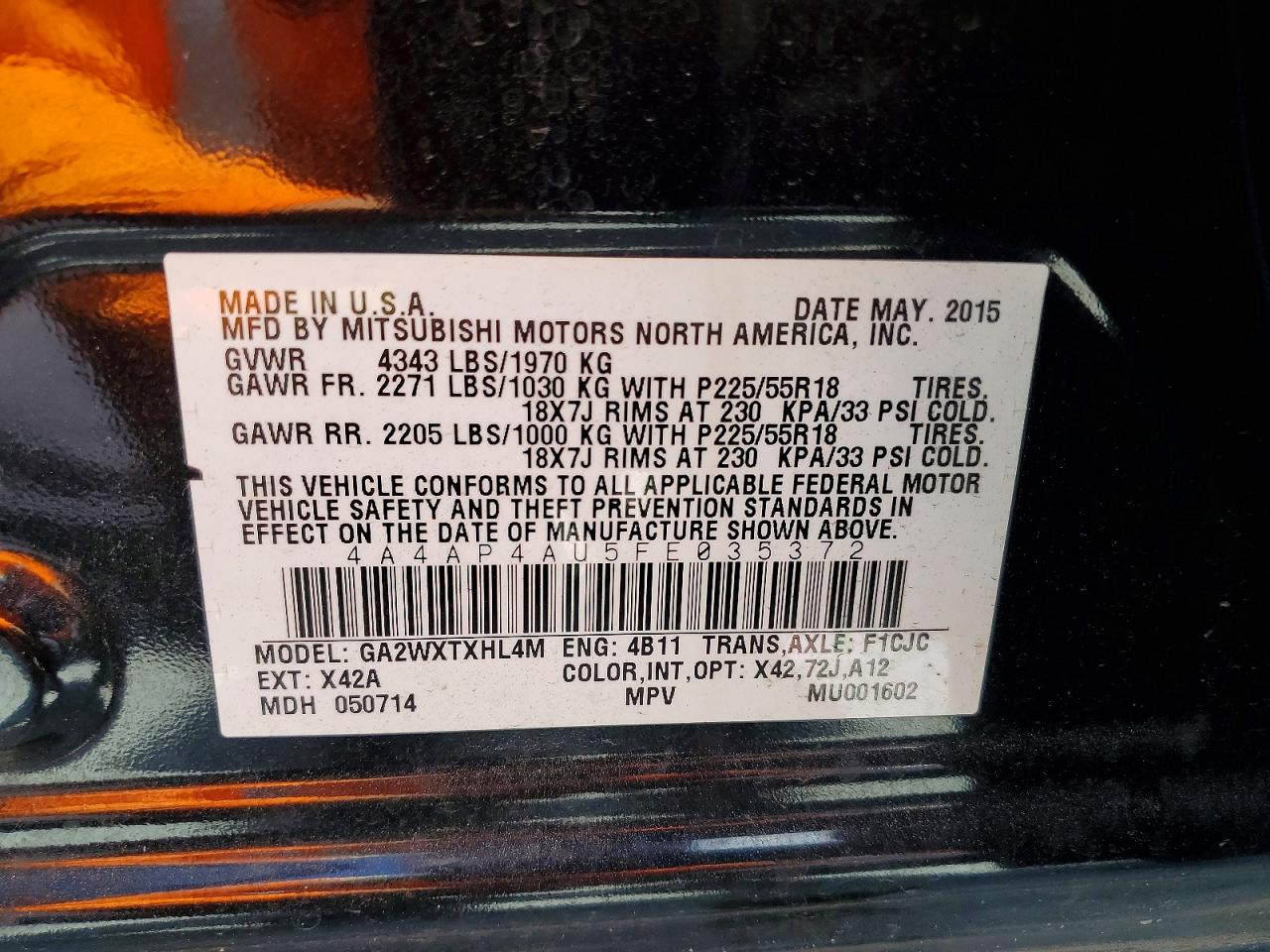 2015 Mitsubishi Outlander Sport Se Black vin: 4A4AP4AU5FE035372