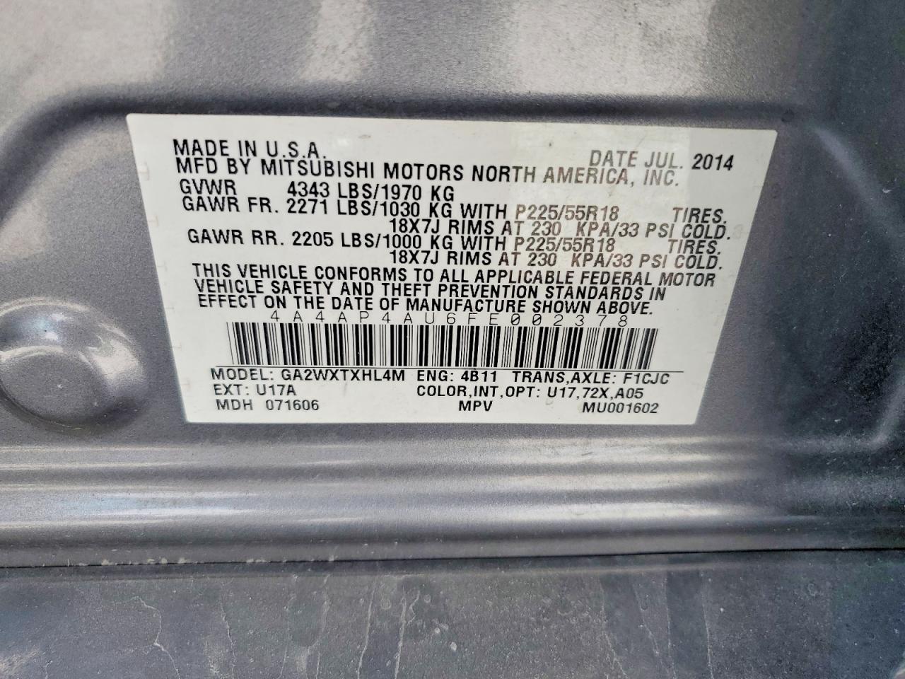 2015 Mitsubishi Outlander Sport Se Серый vin: 4A4AP4AU6FE002378