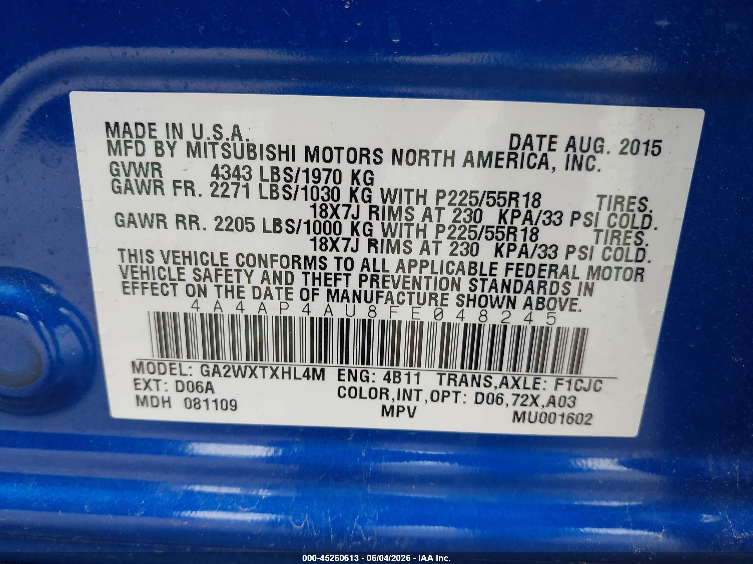 2015 Mitsubishi Outlander Sport Se Blue vin: 4A4AP4AU8FE048245