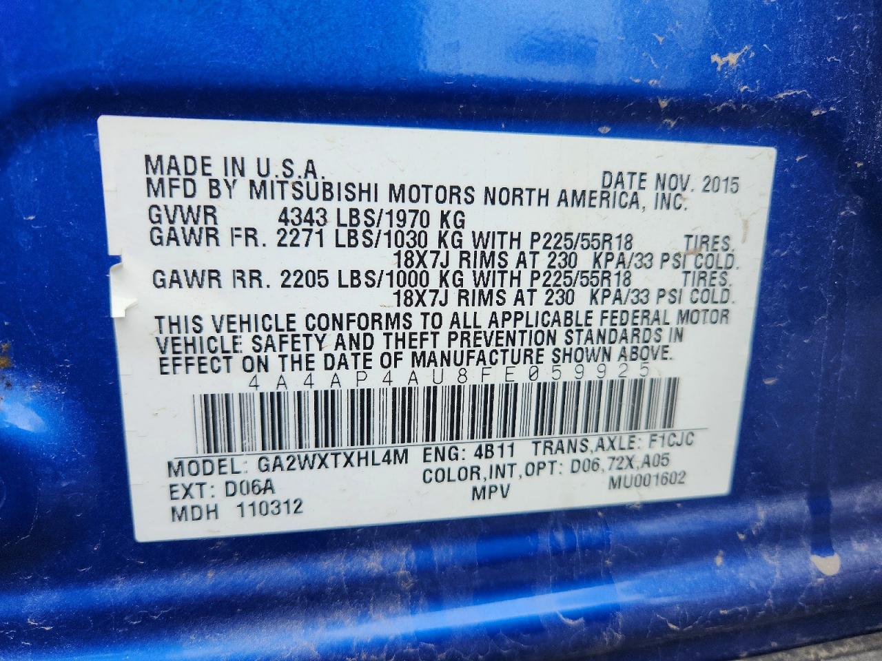 2015 Mitsubishi Outlander Sport Se Blue vin: 4A4AP4AU8FE059925