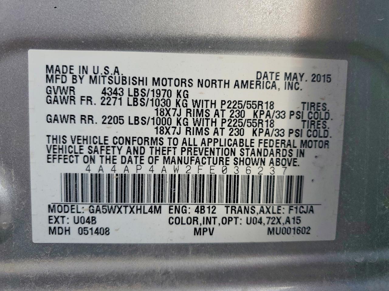 2015 Mitsubishi Outlander Sport Se Gray vin: 4A4AP4AW2FE036237
