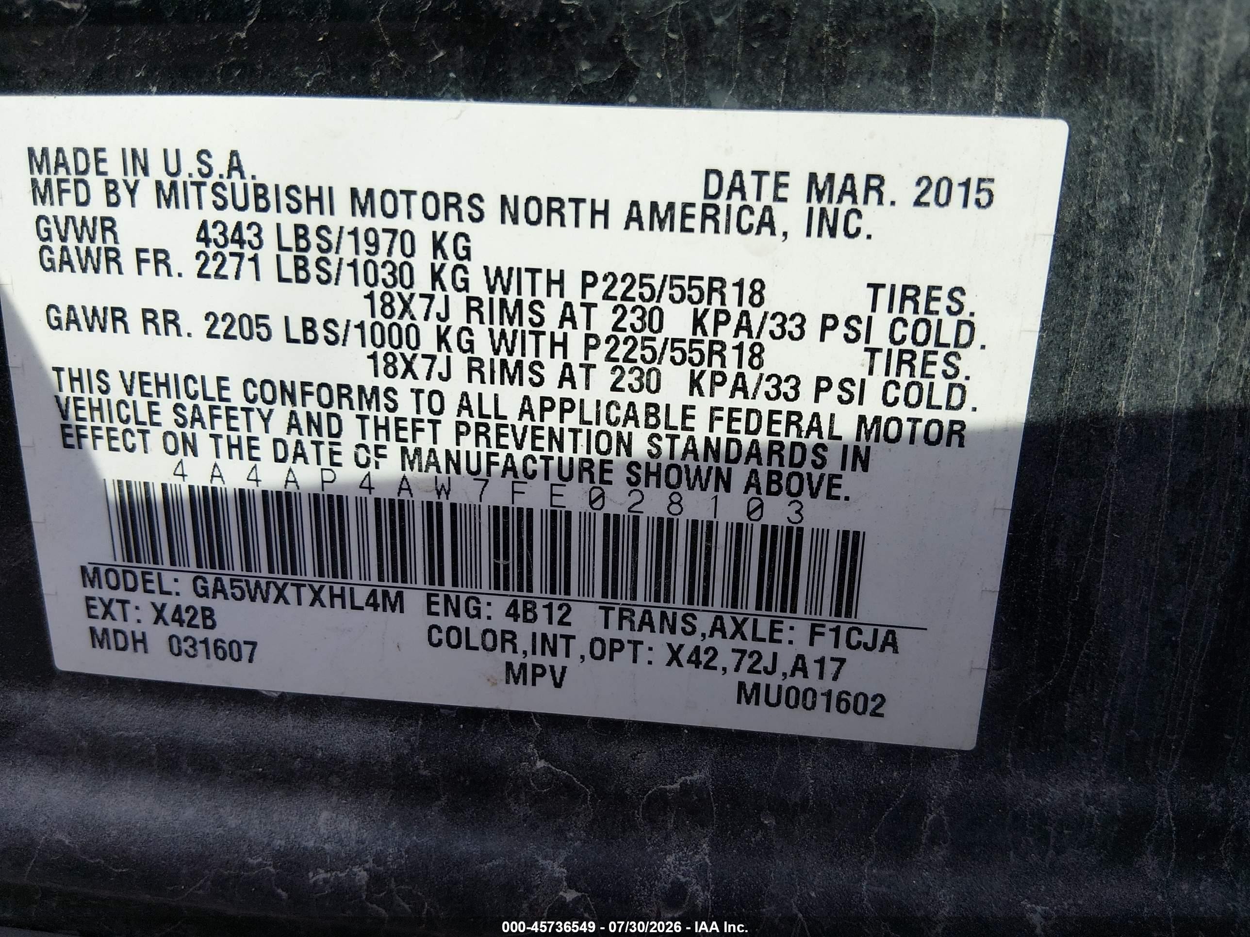 2015 Mitsubishi Outlander Sport Gt Black vin: 4A4AP4AW7FE028103