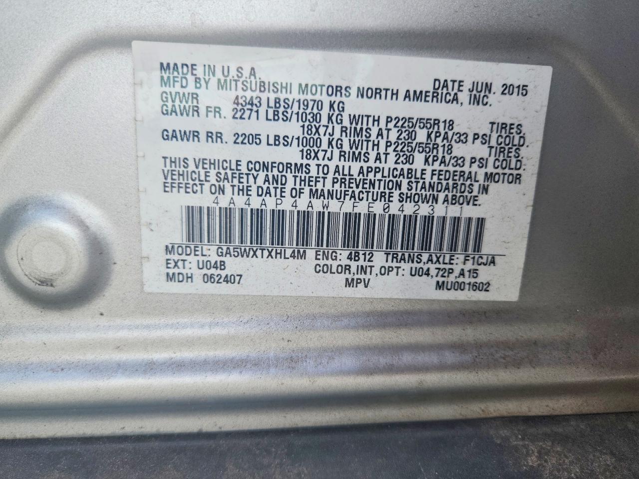 2015 Mitsubishi Outlander Sport Se Silver vin: 4A4AP4AW7FE042311