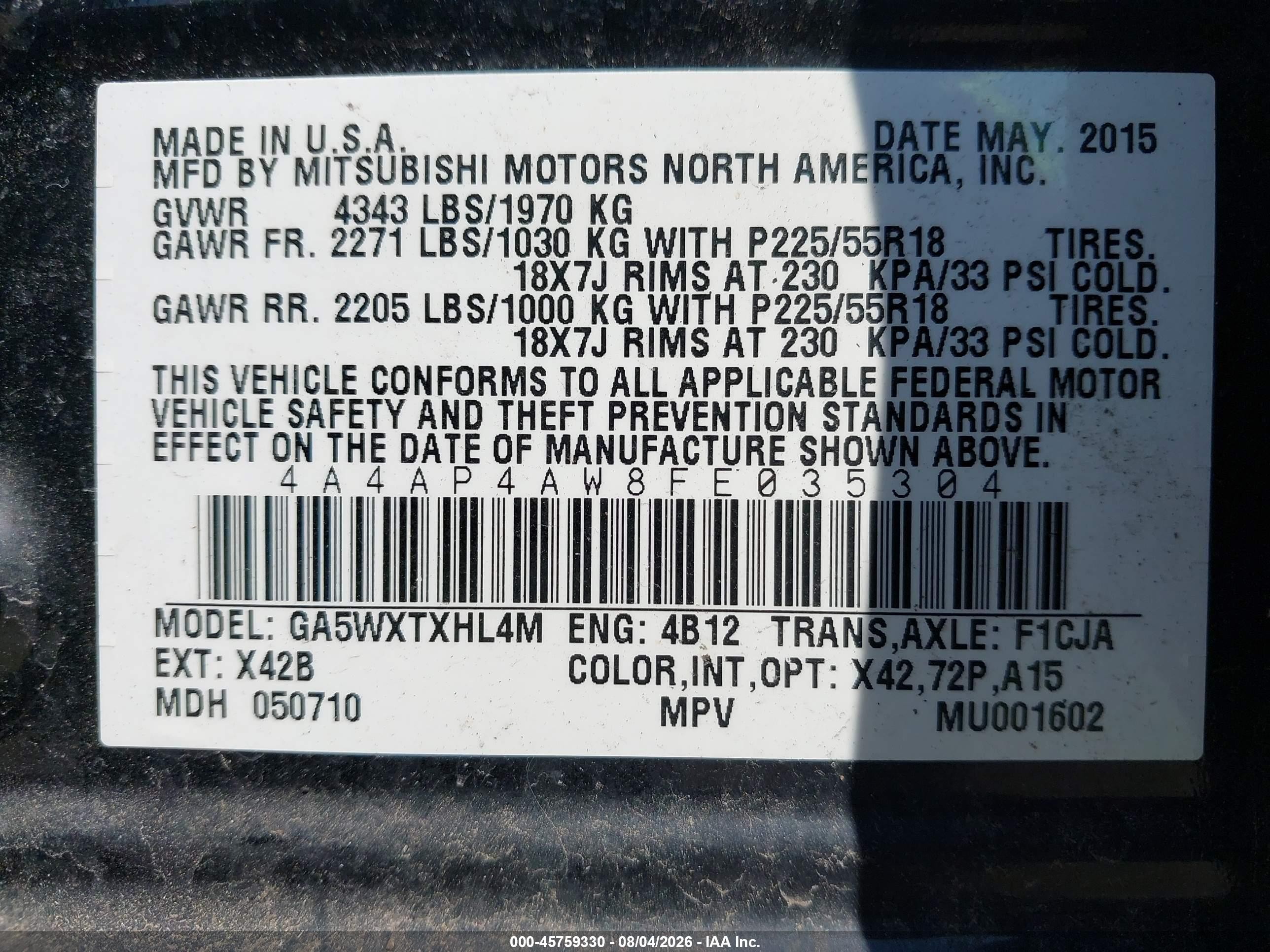 2015 Mitsubishi Outlander Sport Gt Черный vin: 4A4AP4AW8FE035304