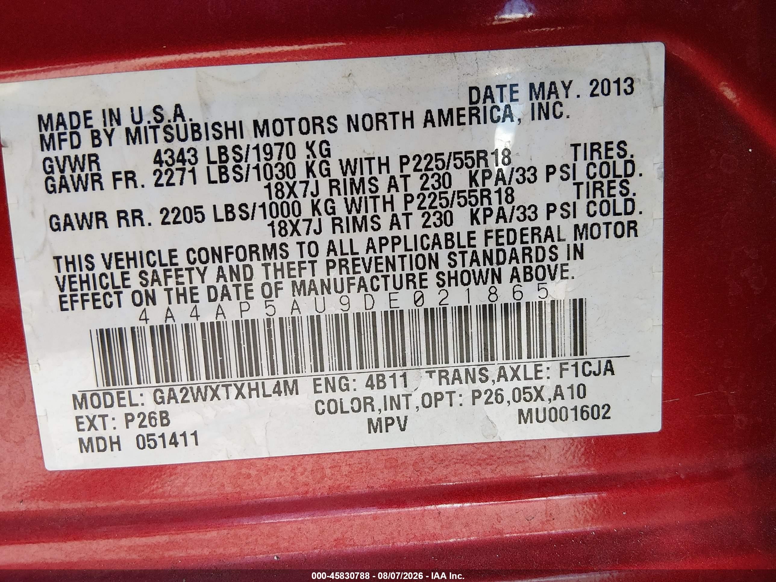 2013 Mitsubishi Outlander Sport Le Red vin: 4A4AP5AU9DE021865