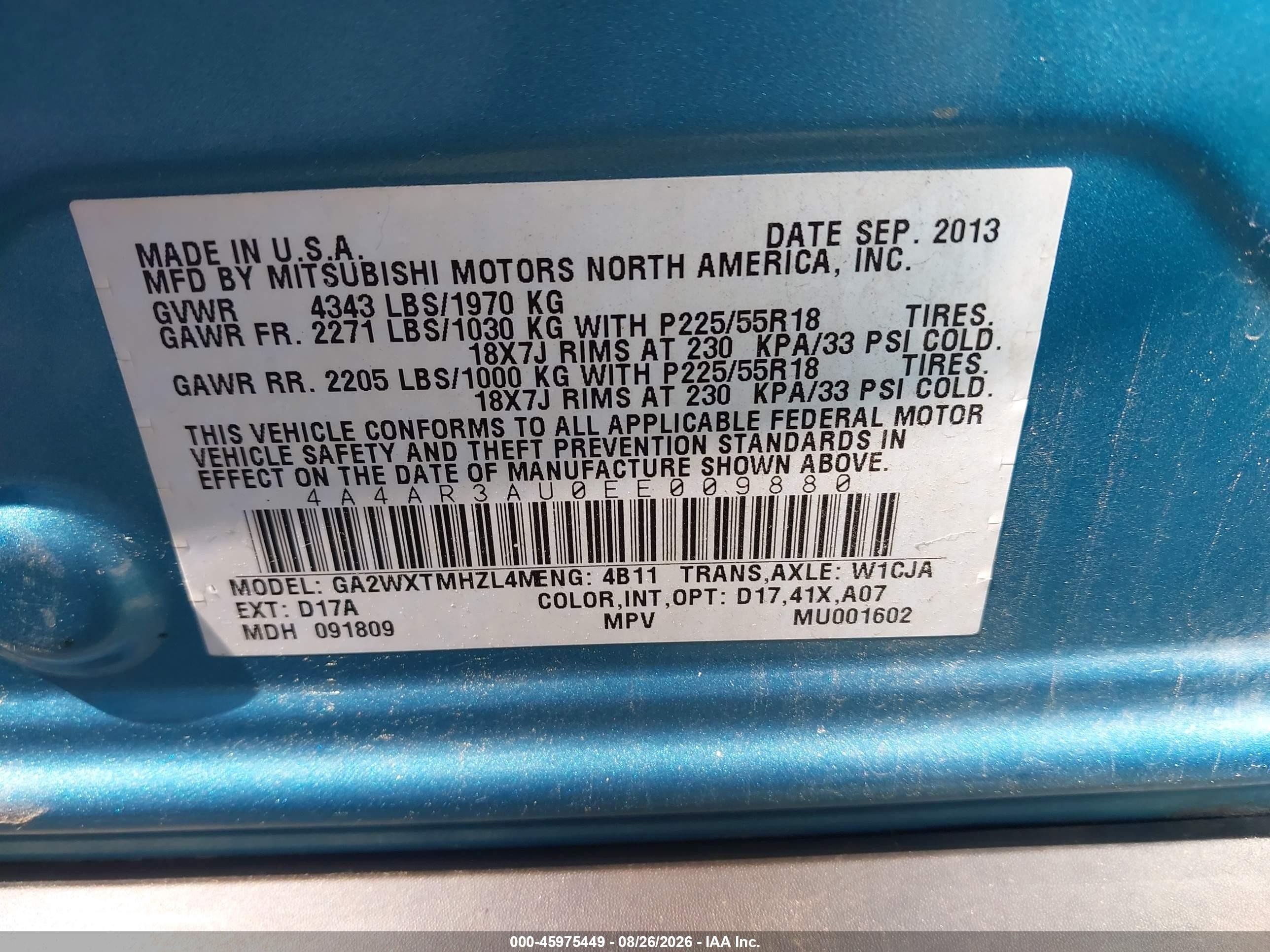 2014 Mitsubishi Outlander Sport Es Blue vin: 4A4AR3AU0EE009880