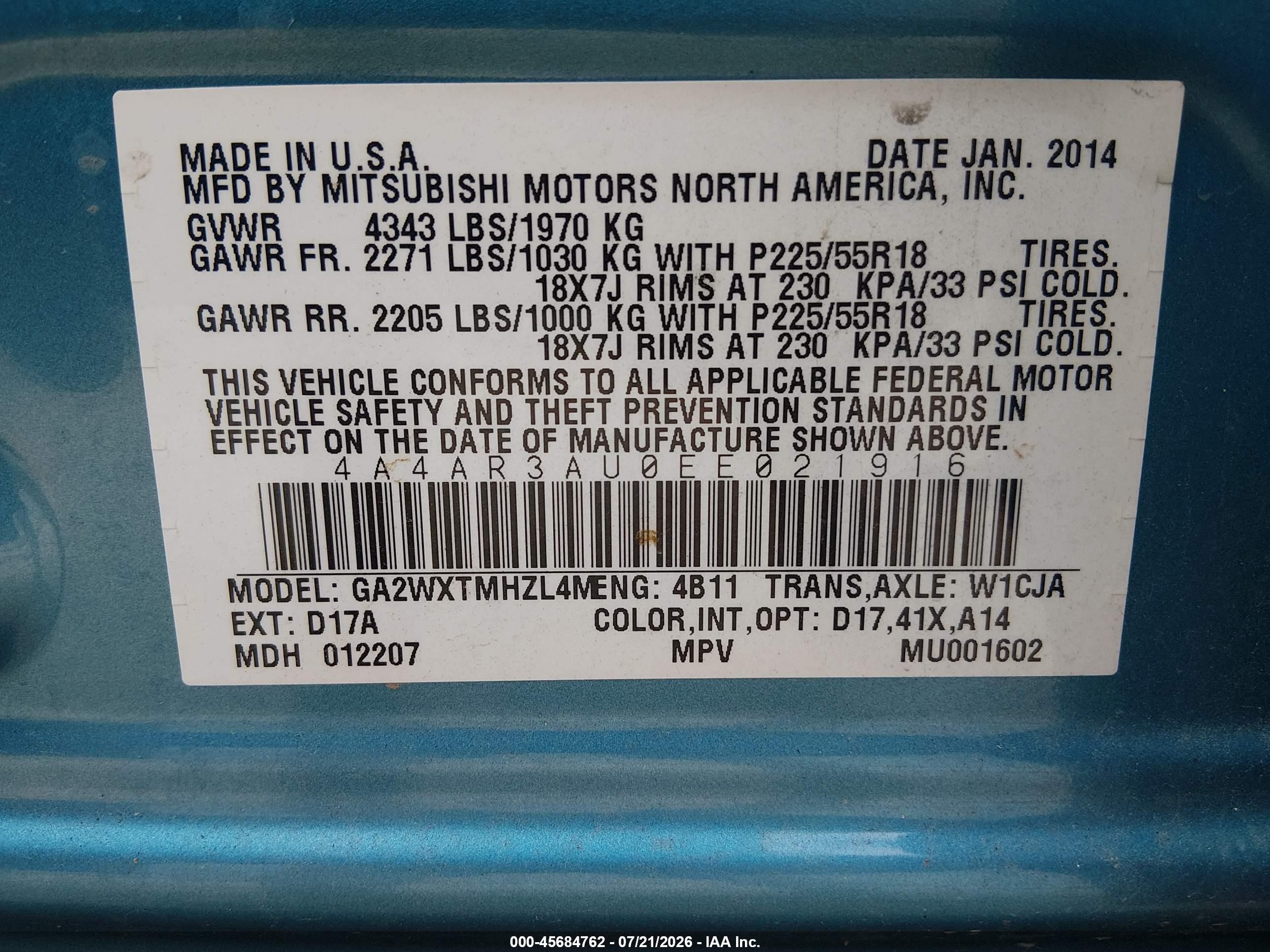2014 Mitsubishi Outlander Sport Es Turquoise vin: 4A4AR3AU0EE021916