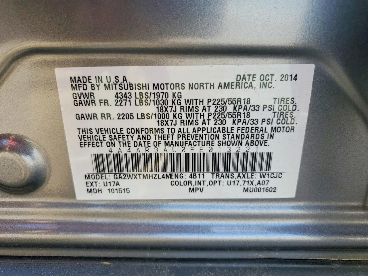 2015 Mitsubishi Outlander Sport Es Silver vin: 4A4AR3AU0FE013221