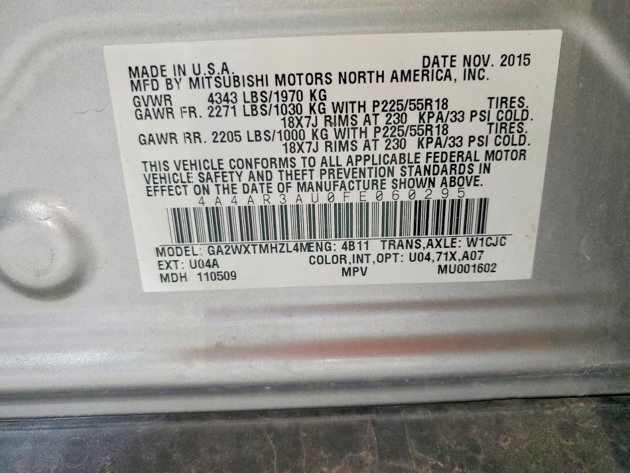 2015 Mitsubishi Outlander Sport Es Silver vin: 4A4AR3AU0FE060295