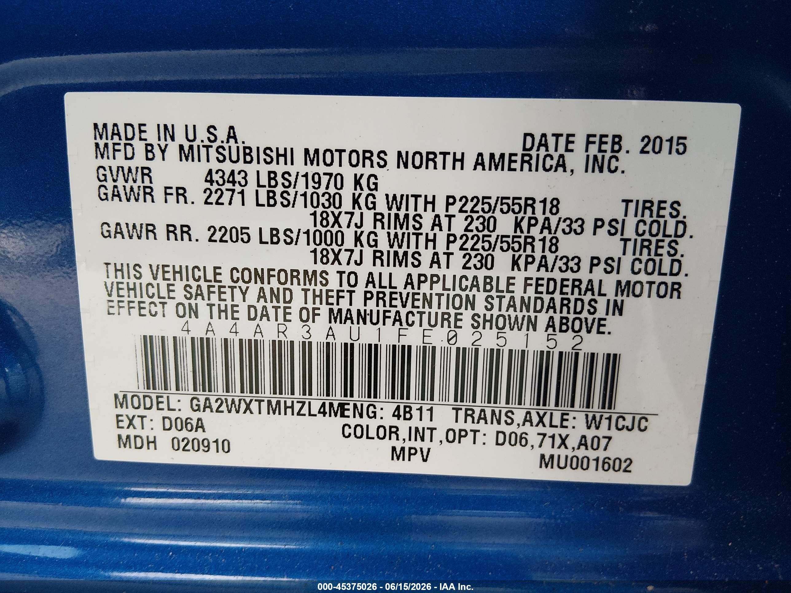 2015 Mitsubishi Outlander Sport Es Blue vin: 4A4AR3AU1FE025152