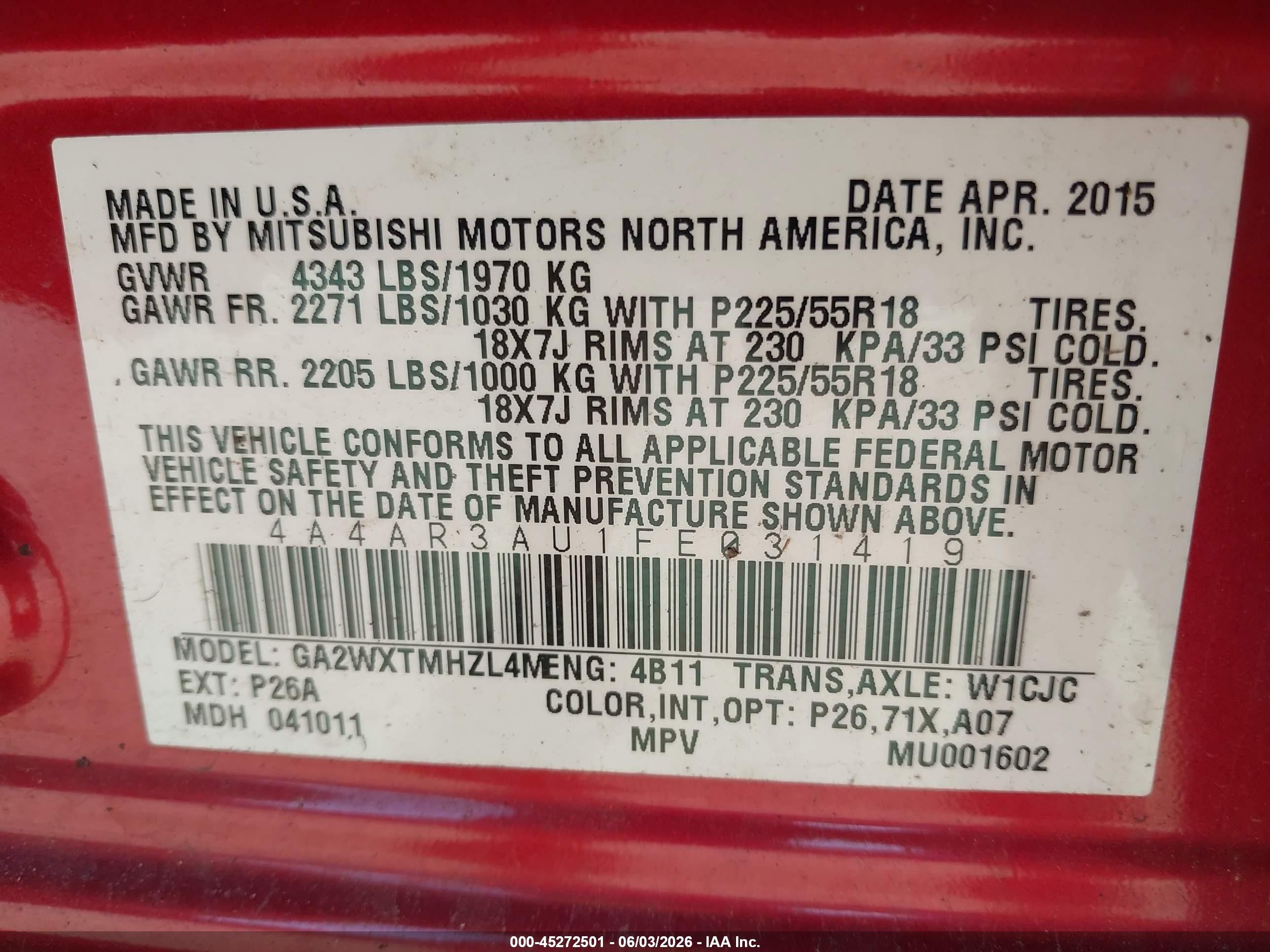 2015 Mitsubishi Outlander Sport Es Red vin: 4A4AR3AU1FE031419