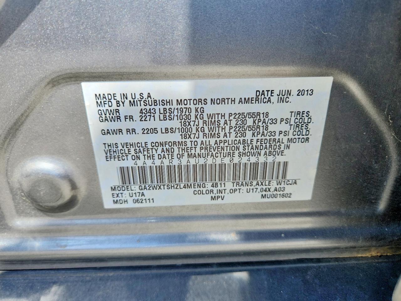 2013 Mitsubishi Outlander Sport Es Gray vin: 4A4AR3AU2DE024332
