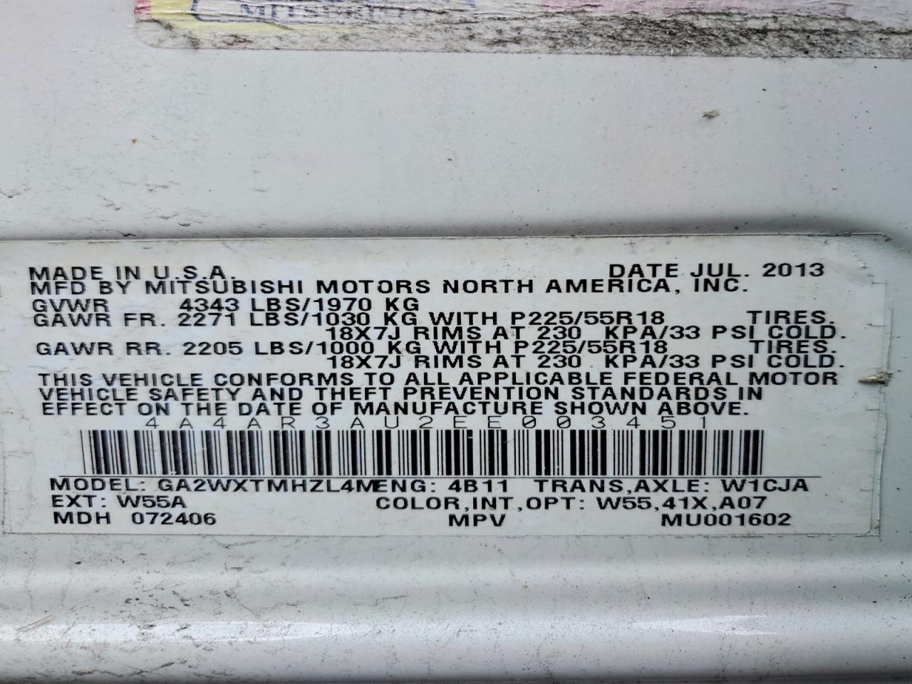 2014 Mitsubishi Outlander Sport Es White vin: 4A4AR3AU2EE003451
