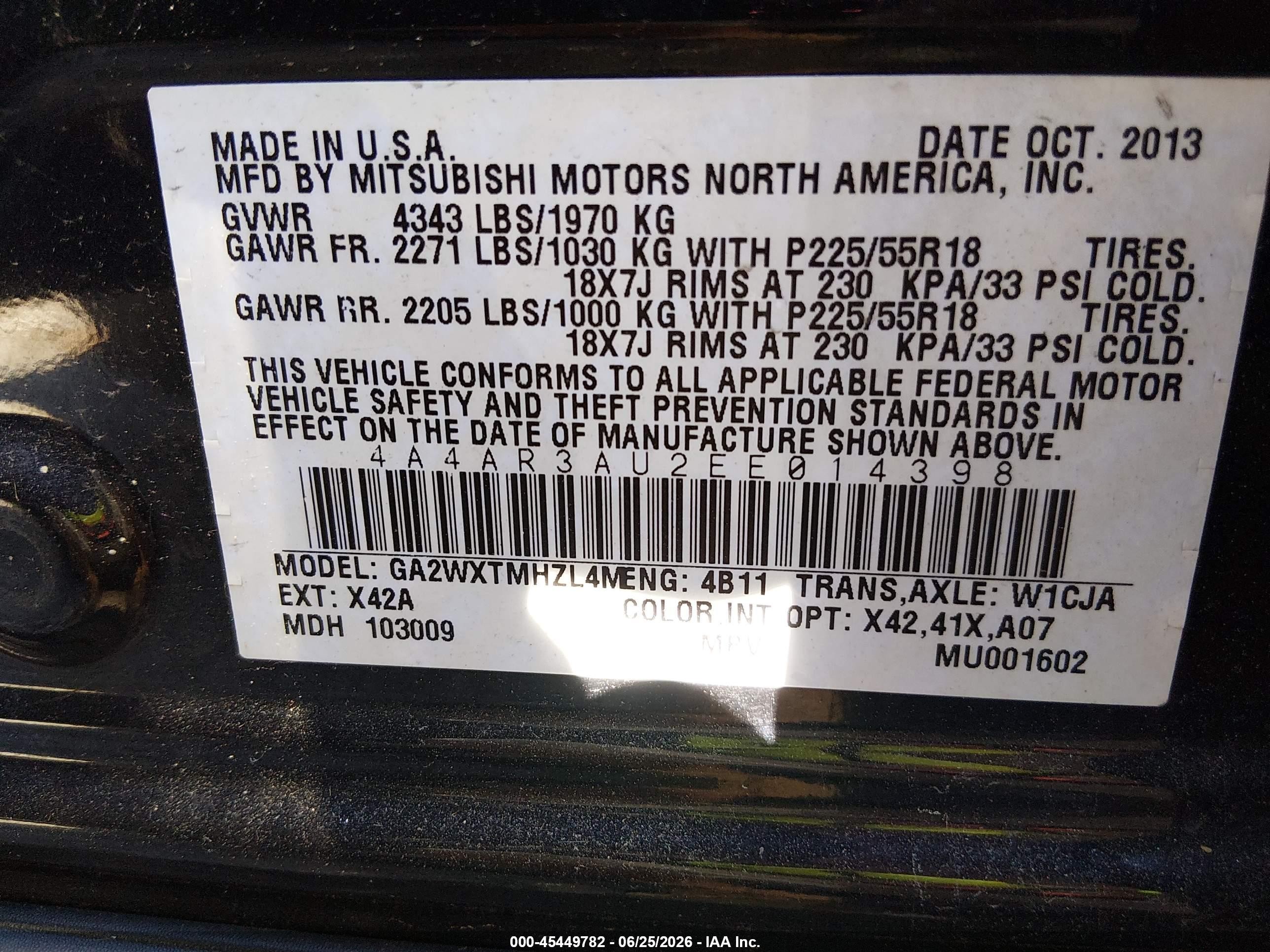 2014 Mitsubishi Outlander Sport Es Black vin: 4A4AR3AU2EE014398
