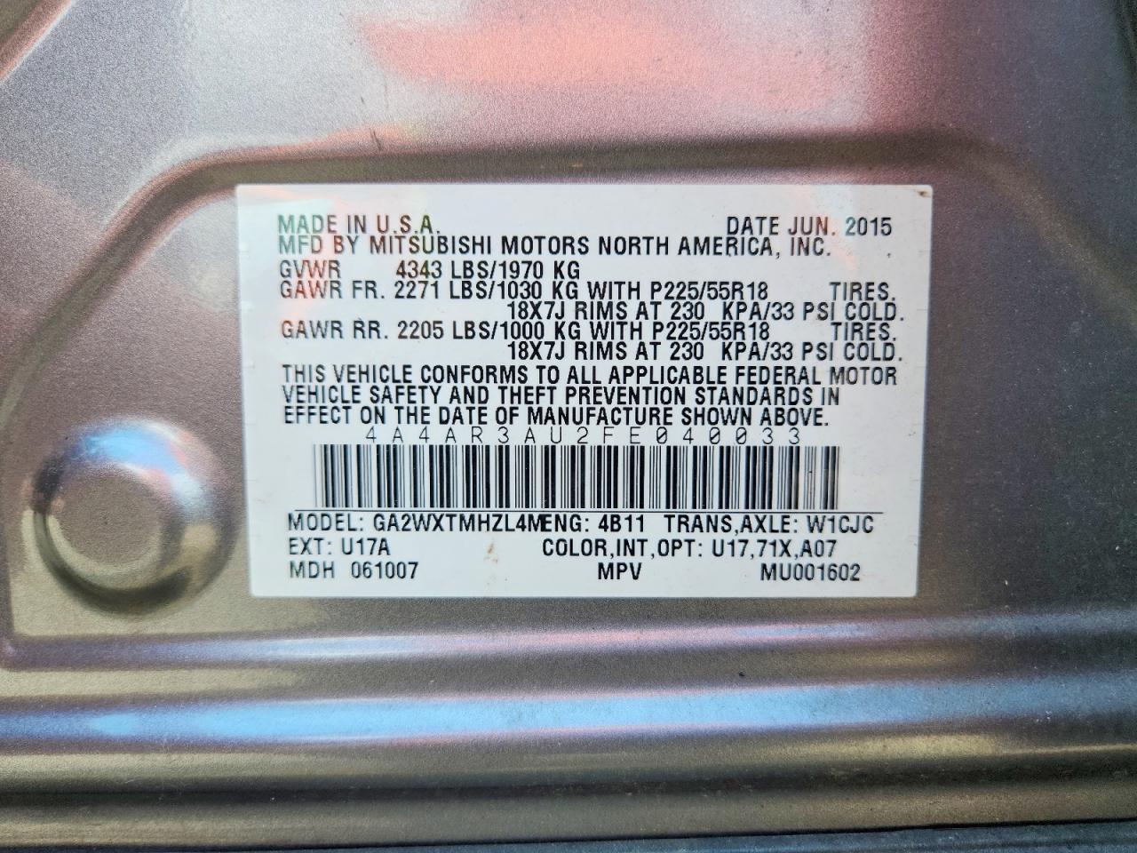 2015 Mitsubishi Outlander Sport Es Gray vin: 4A4AR3AU2FE040033
