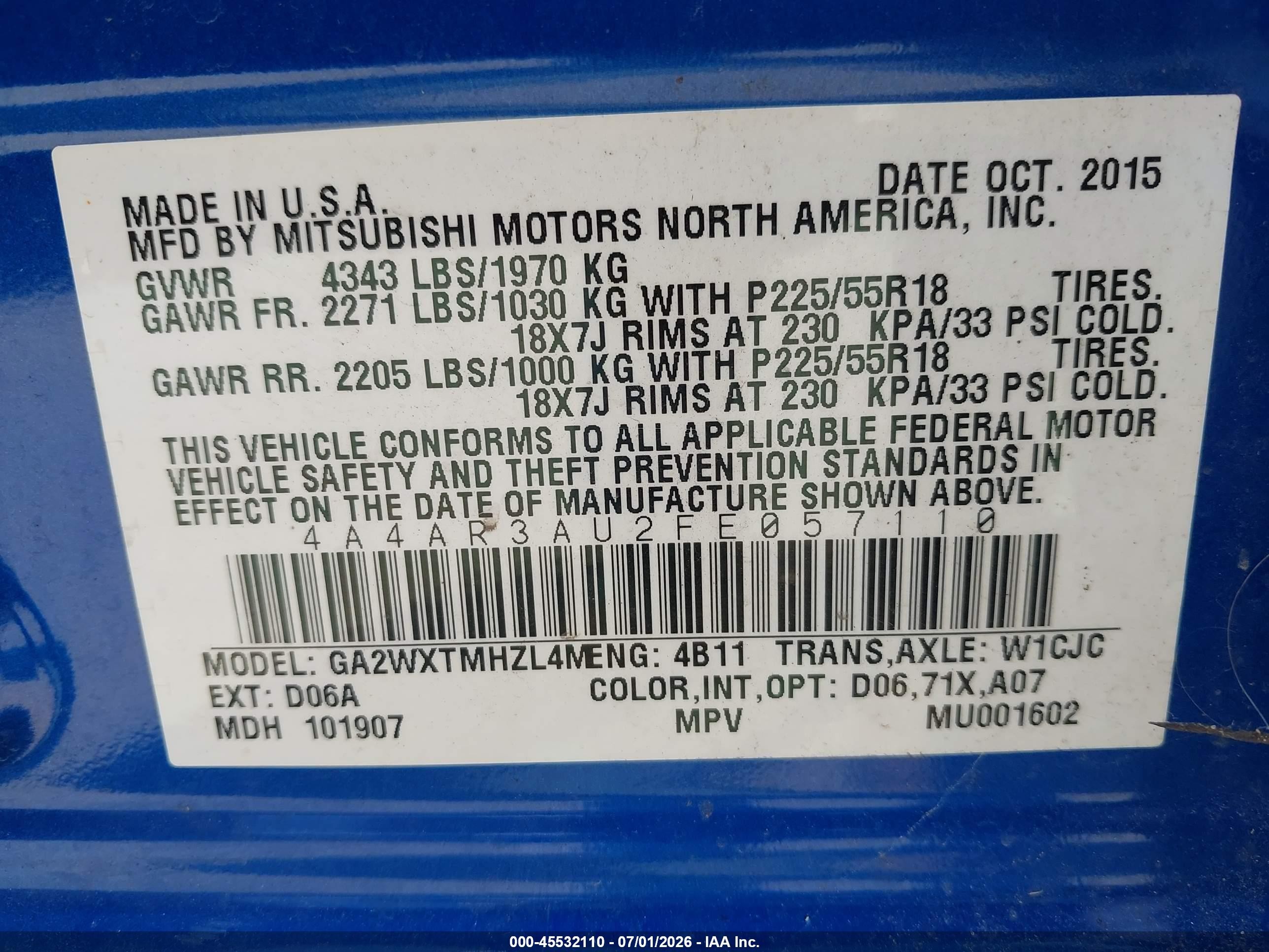 2015 Mitsubishi Outlander Sport Es Blue vin: 4A4AR3AU2FE057110