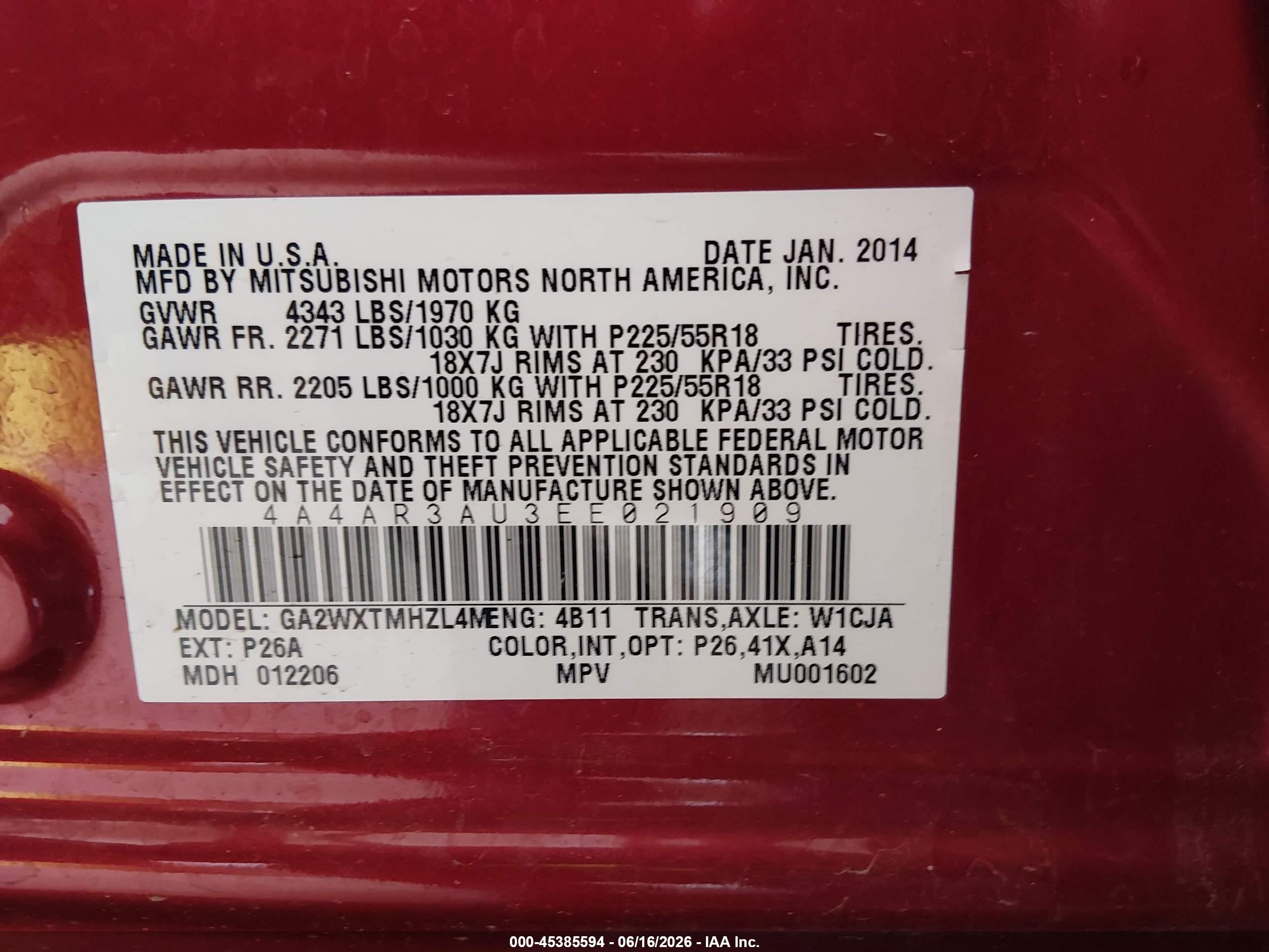 2014 Mitsubishi Outlander Sport Es Красный vin: 4A4AR3AU3EE021909