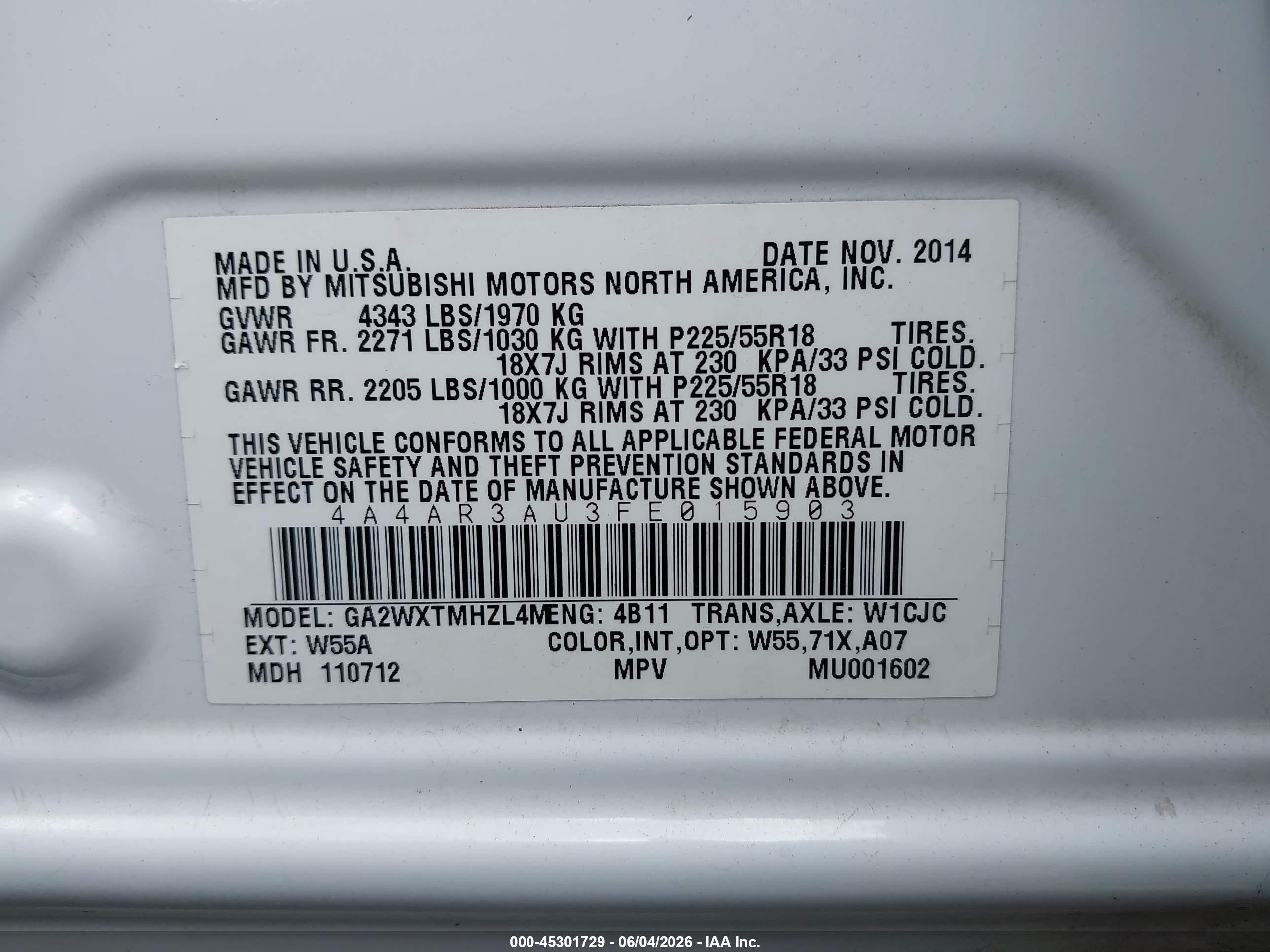 2015 Mitsubishi Outlander Sport Es White vin: 4A4AR3AU3FE015903