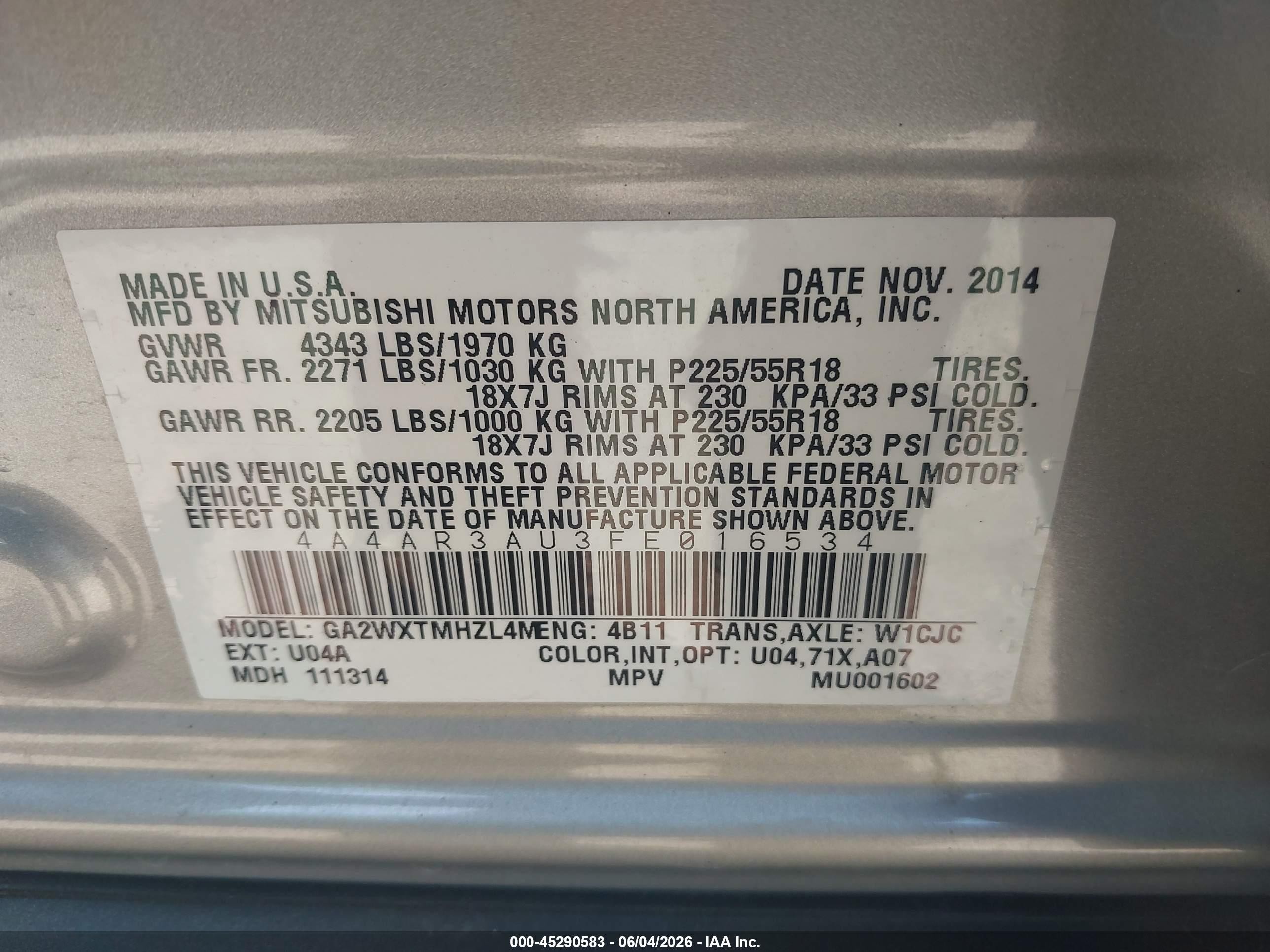 2015 Mitsubishi Outlander Sport Es Серебряный vin: 4A4AR3AU3FE016534