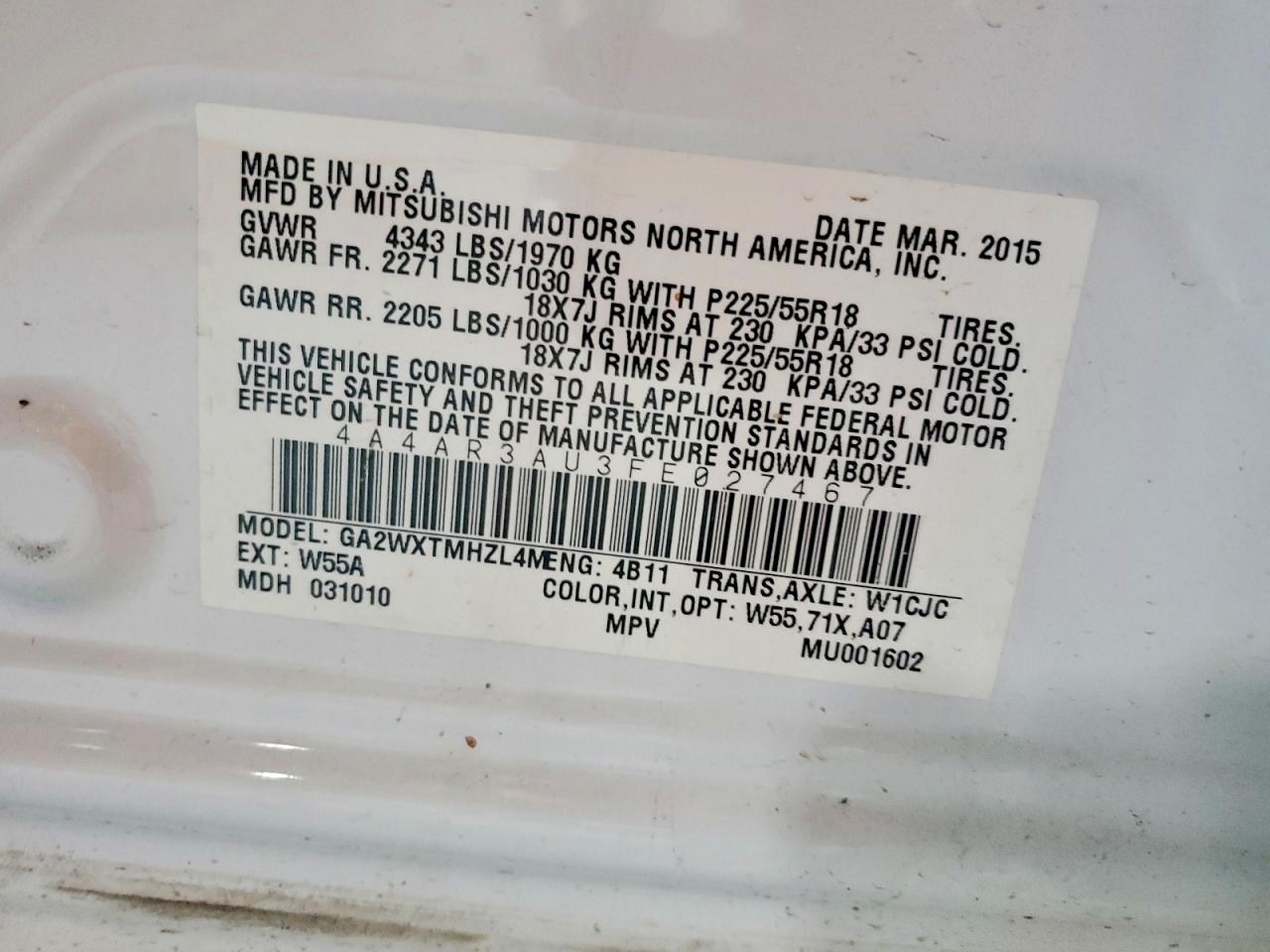 2015 Mitsubishi Outlander Sport Es White vin: 4A4AR3AU3FE027467