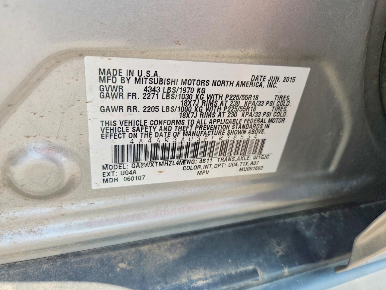 2015 Mitsubishi Outlander Sport Es Silver vin: 4A4AR3AU3FE038534
