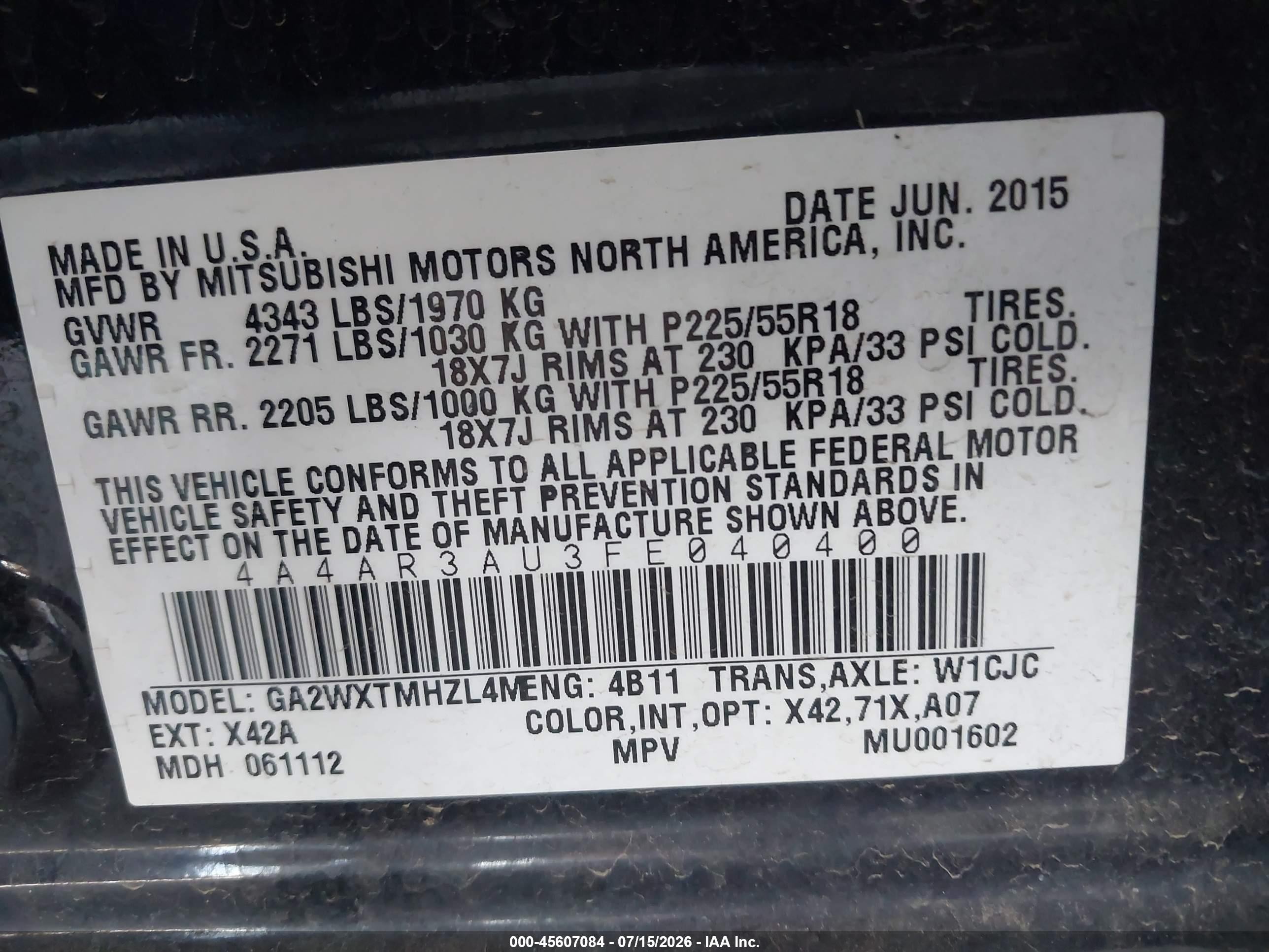 2015 Mitsubishi Outlander Sport Es Black vin: 4A4AR3AU3FE040400
