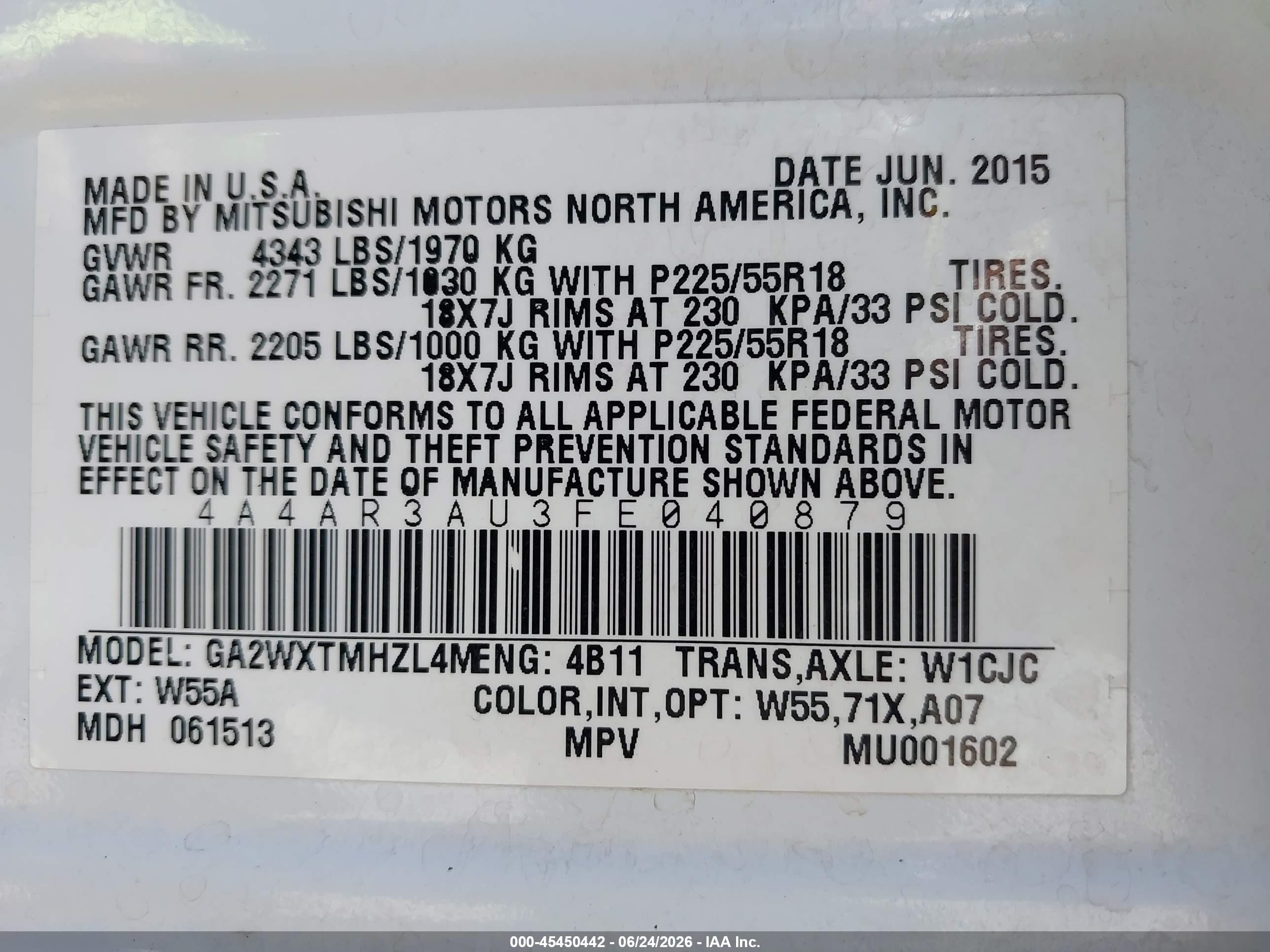 2015 Mitsubishi Outlander Sport Es Белый vin: 4A4AR3AU3FE040879
