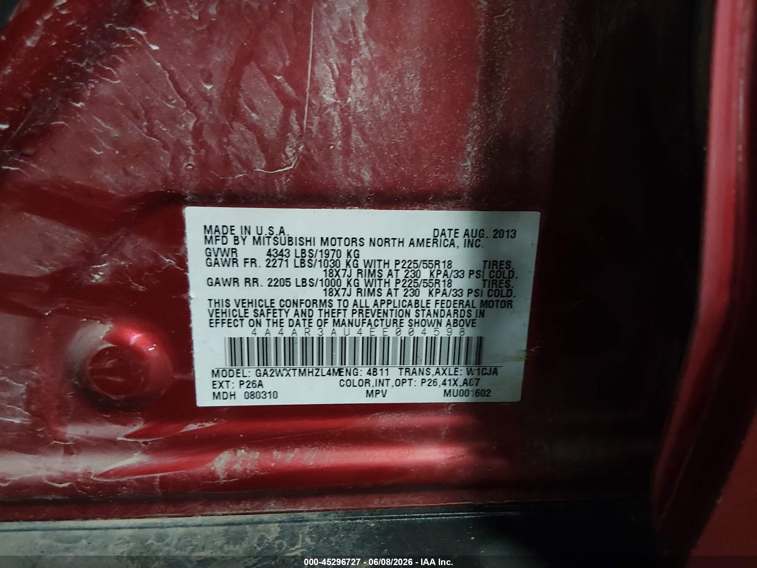 2014 Mitsubishi Outlander Sport Es Red vin: 4A4AR3AU4EE004598