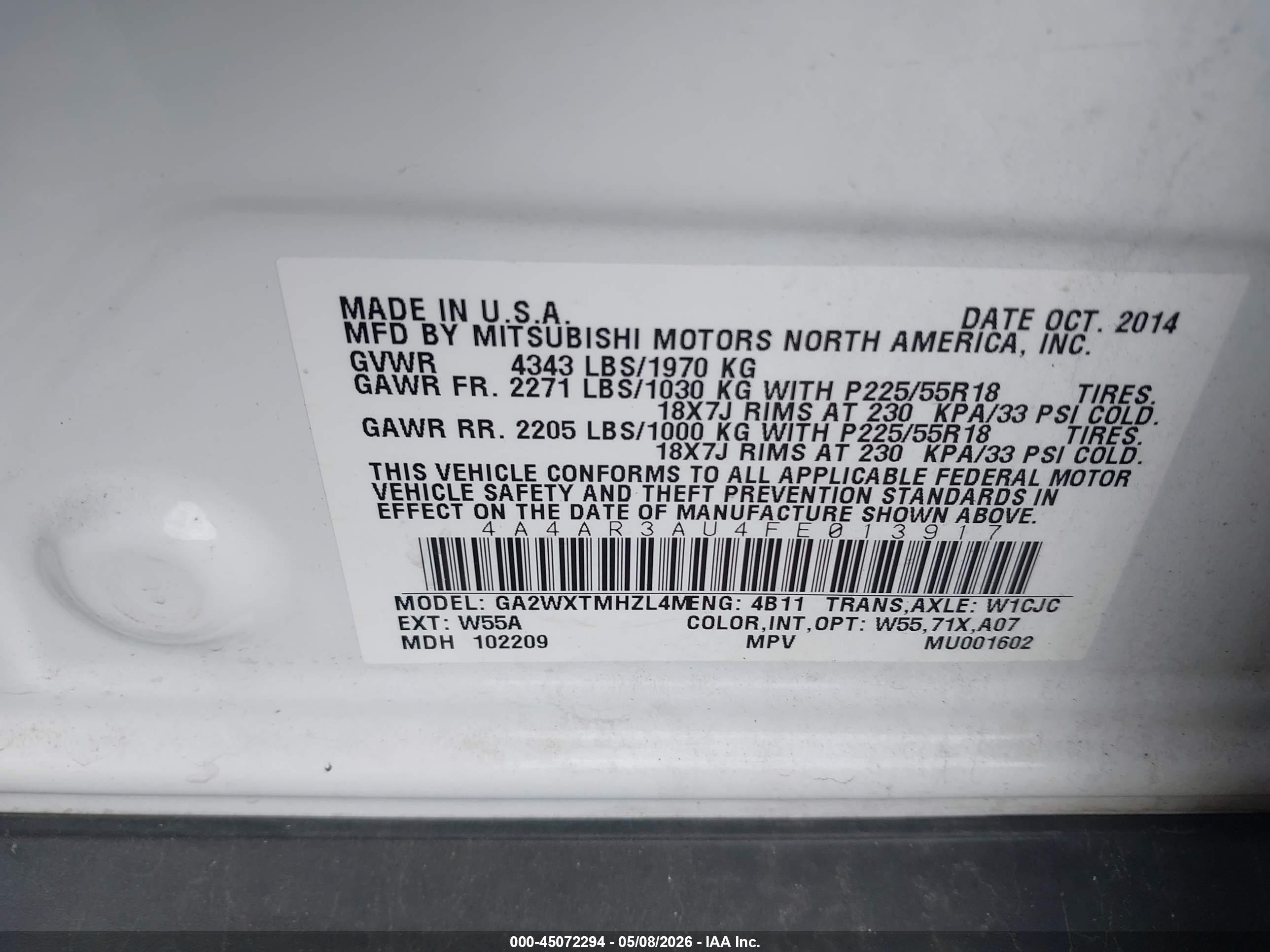 2015 Mitsubishi Outlander Sport Es Белый vin: 4A4AR3AU4FE013917