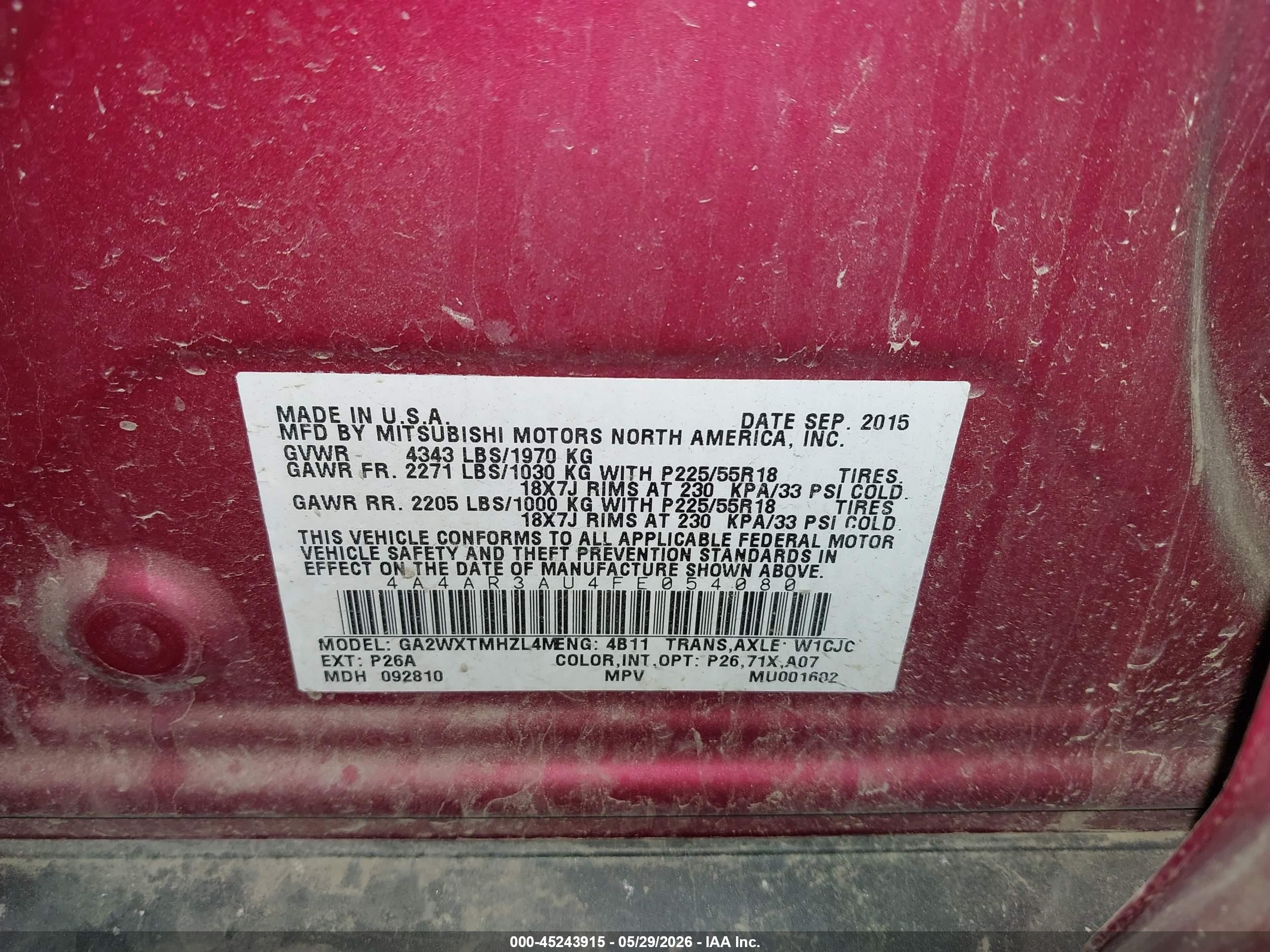 2015 Mitsubishi Outlander Sport Es Red vin: 4A4AR3AU4FE054080